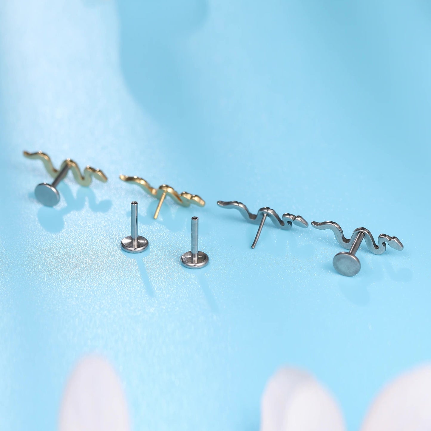 Limerencia G23 Hypoallergenic 18g Flat Back Stud Earrings | F136 Implant Grade Titanium Press Fit Threadless Push Pop in Cartilage Helix Labret Lip Monroe Tragus Piercing Studs- Snake