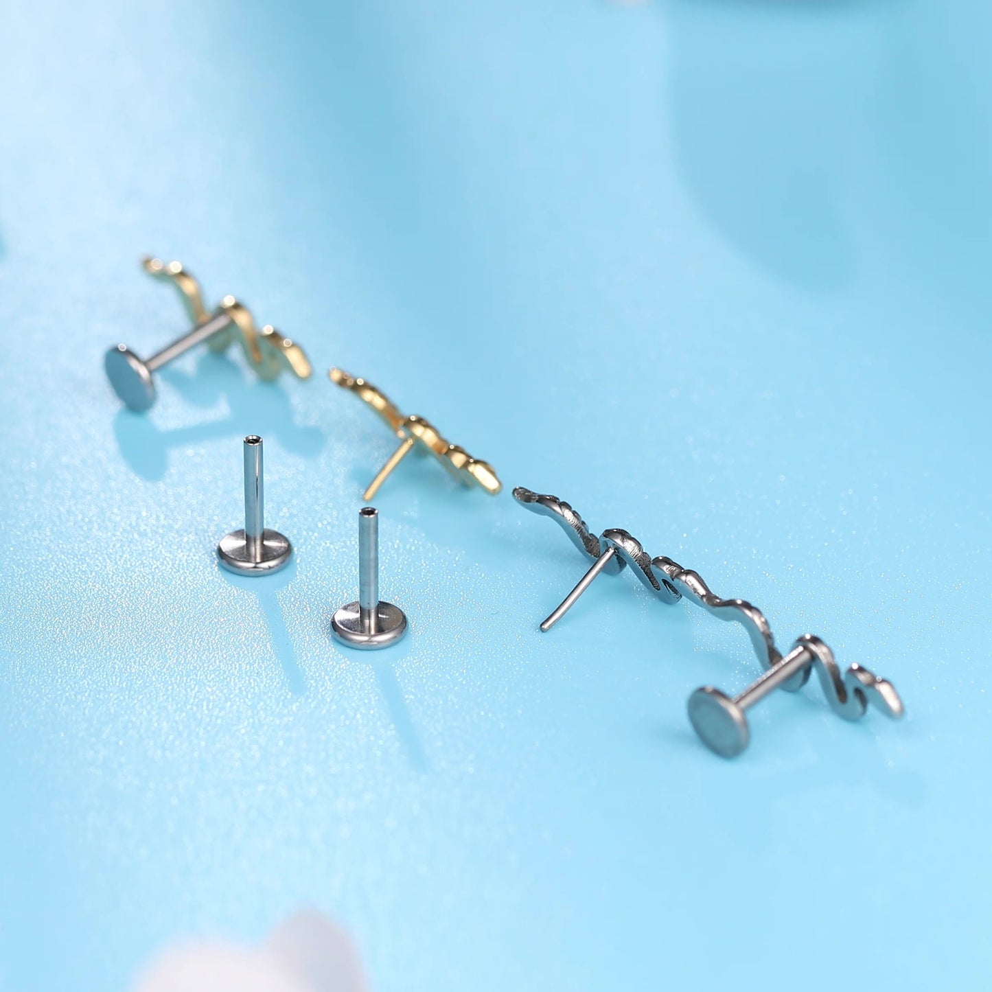 Limerencia G23 Hypoallergenic 18g Flat Back Stud Earrings | F136 Implant Grade Titanium Press Fit Threadless Push Pop in Cartilage Helix Labret Lip Monroe Tragus Piercing Studs- Snake