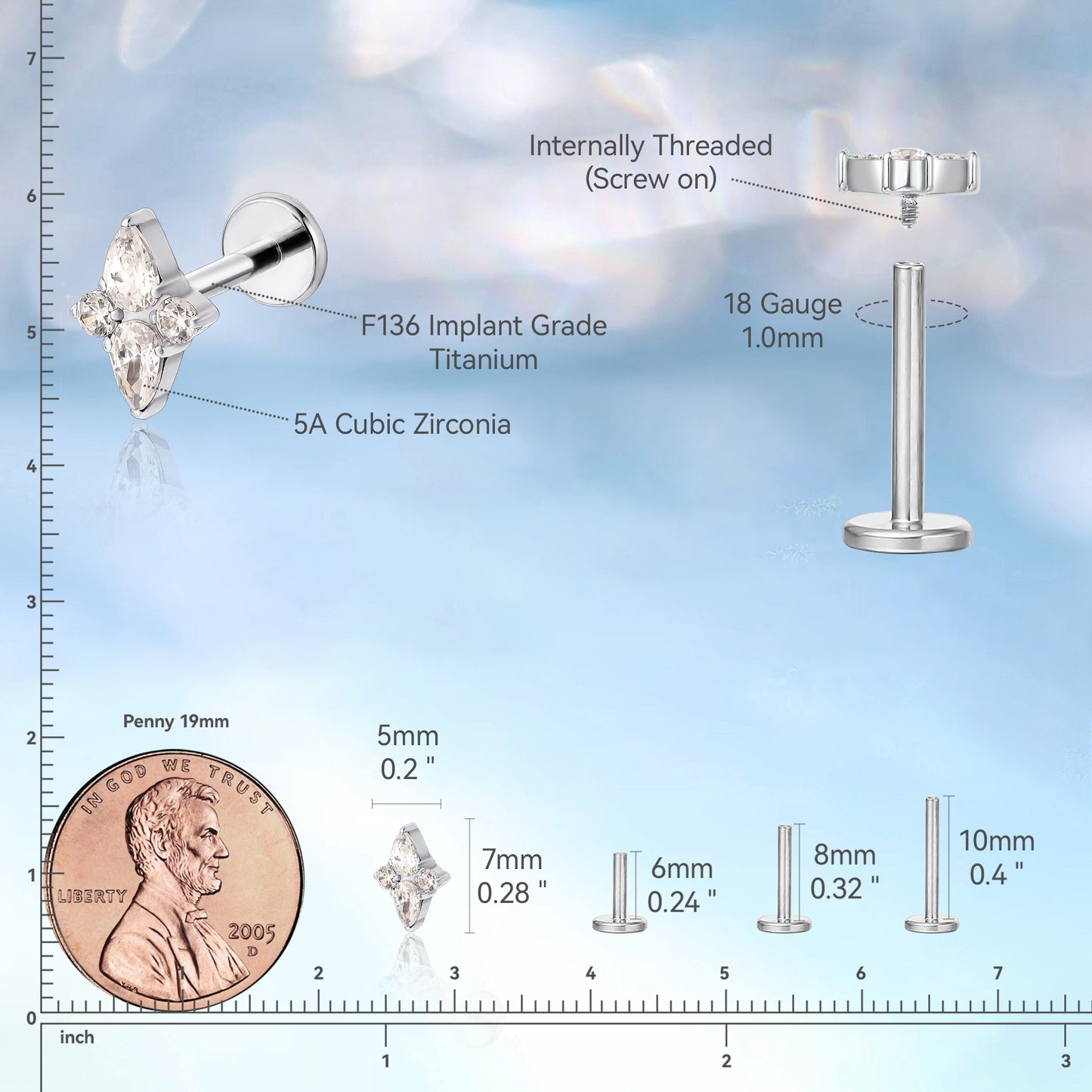 limerencia Pure Titanium F136 Hypoallergenic Piercing Jewelry,Flat Back Internally Threaded Stud Earring 18g for Cartilage/Tragus/Helix/Conch/Nose/Lip (kite 1pc)
