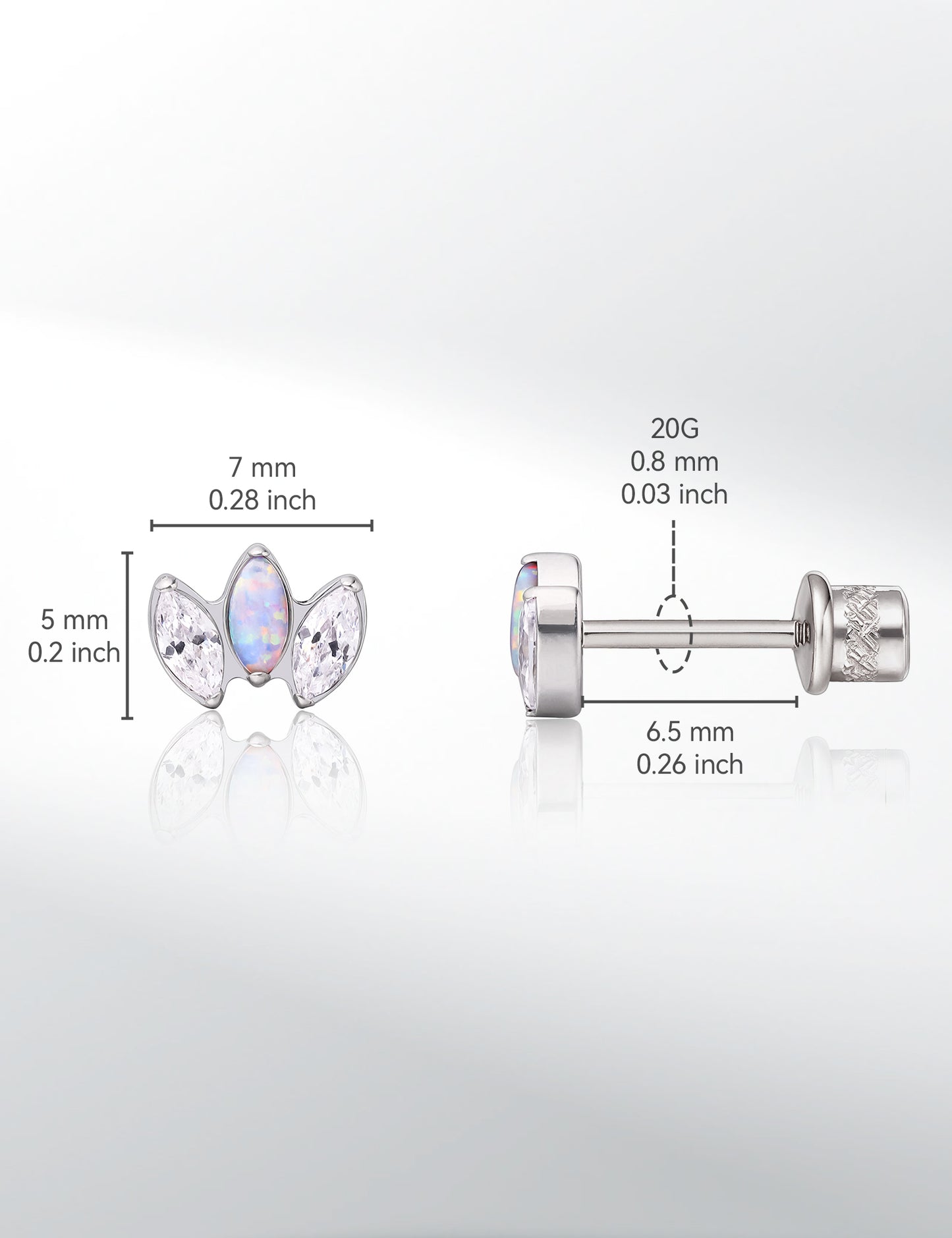 limerencia Hypoallergenic G23 Implant Grade Titanium Screw Back Earrings Tragus 20G Helix F136 Piercing Post for Girls' Sensitive Ears Cartilage- CZ + Opal Crown