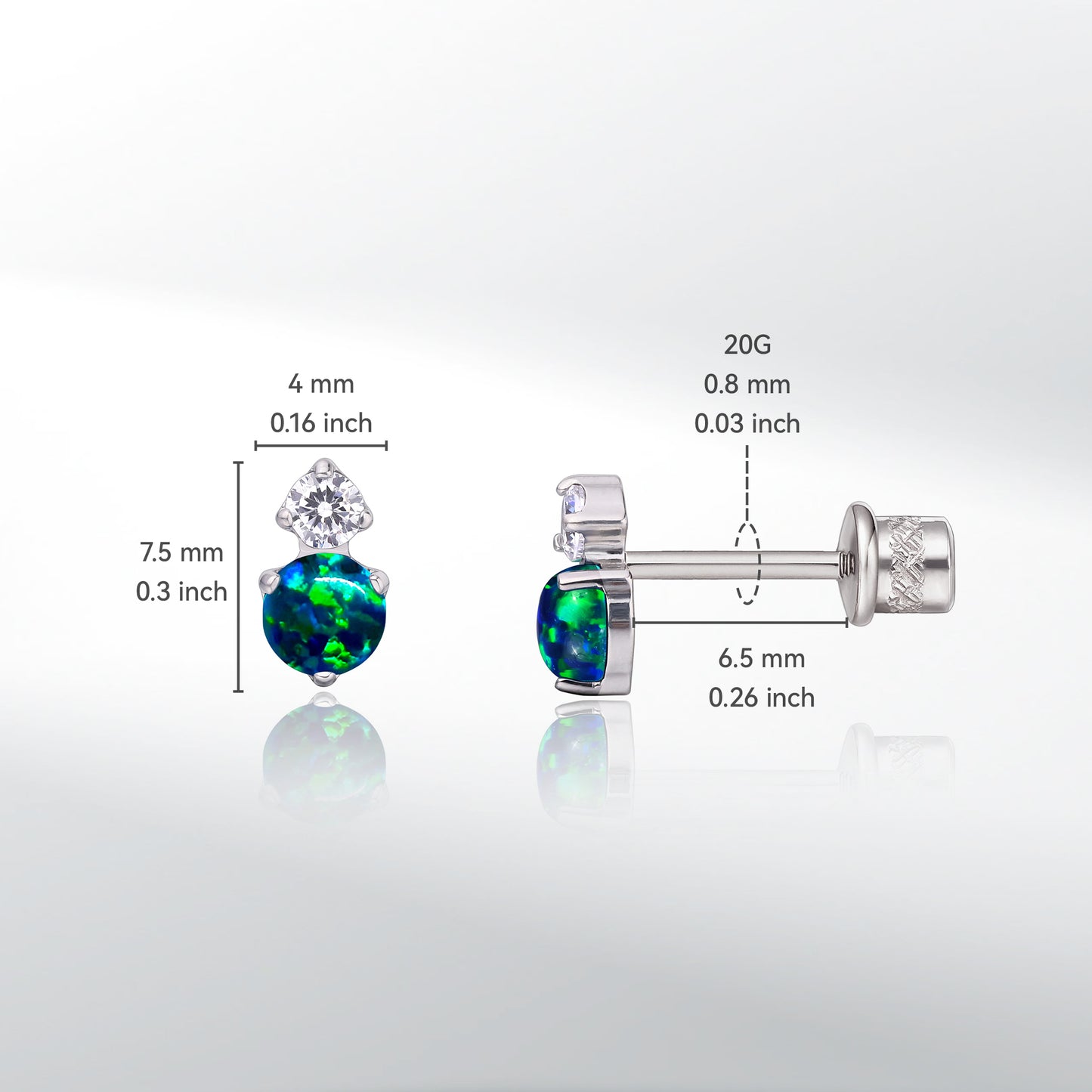 limerencia Hypoallergenic G23 Implant Grade Titanium Screw Back Earrings Tragus 20G Helix F136 Piercing Post for Girls' Sensitive Ears Cartilage- CZ + Green Opal