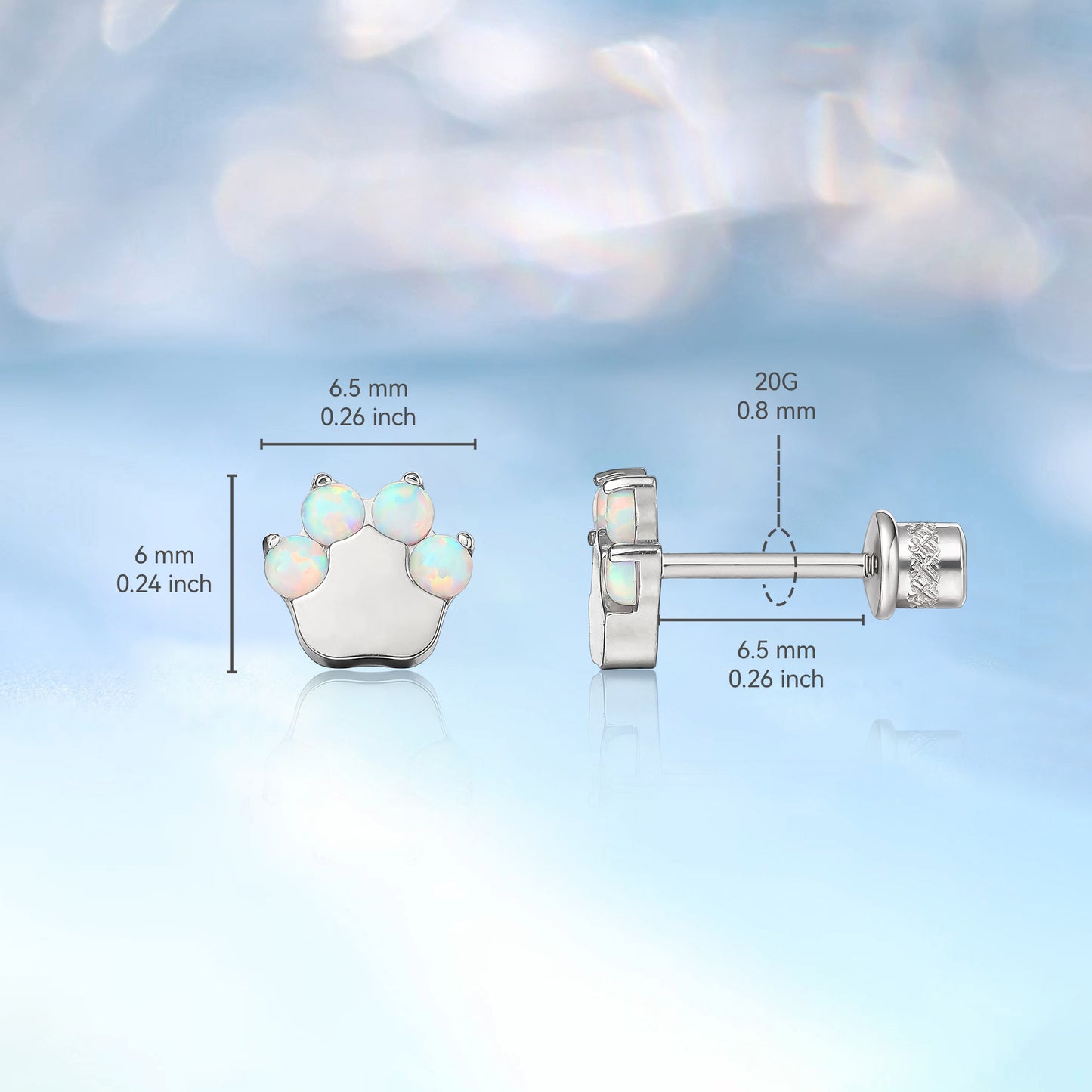 limerencia Hypoallergenic G23 Implant Grade Titanium Screw Back Earrings Tragus 20G Helix F136 Piercing Post for Girls' Sensitive Ears Cartilage- Cat Paw White Opal