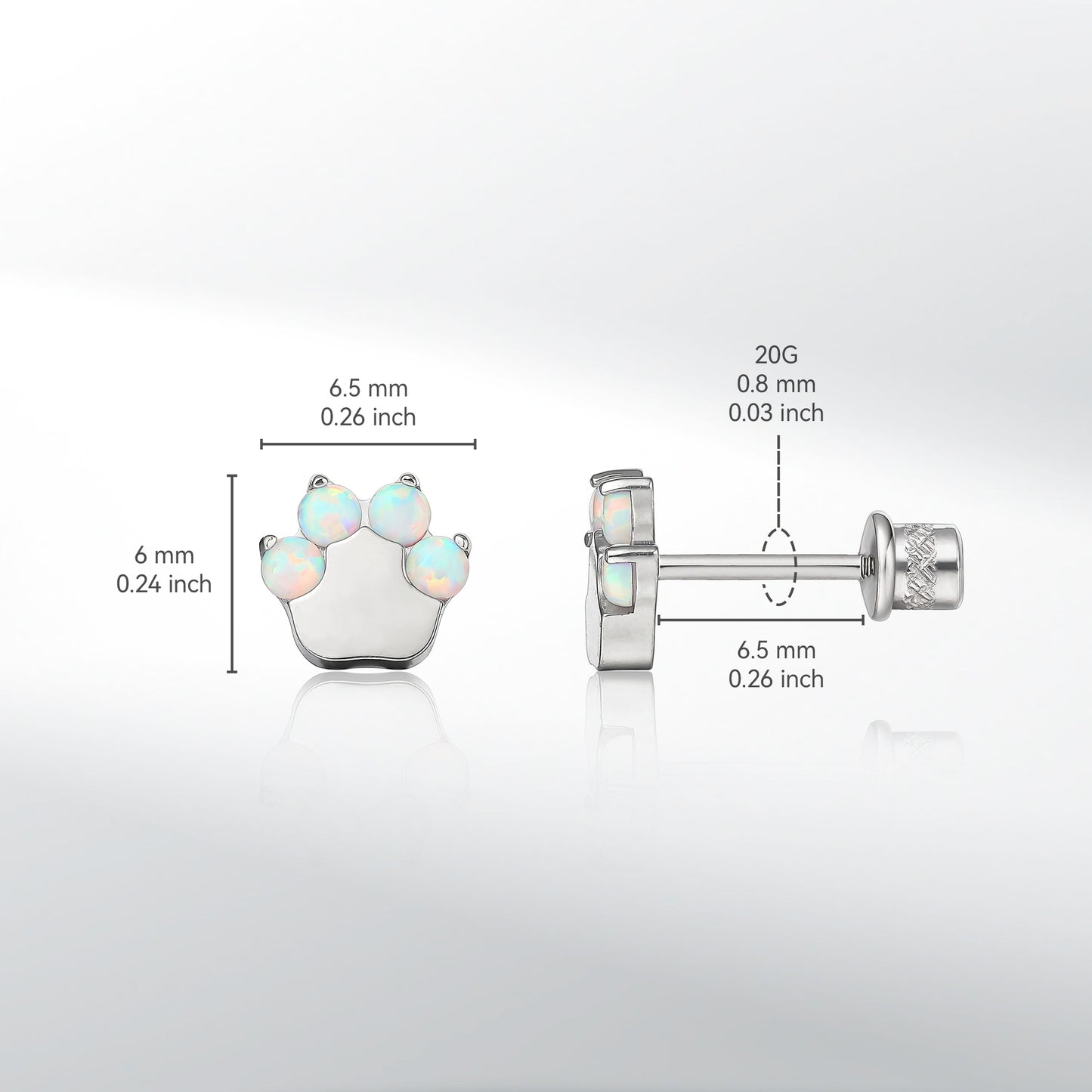 limerencia Hypoallergenic G23 Implant Grade Titanium Screw Back Earrings Tragus 20G Helix F136 Piercing Post for Girls' Sensitive Ears Cartilage- Cat Paw White Opal