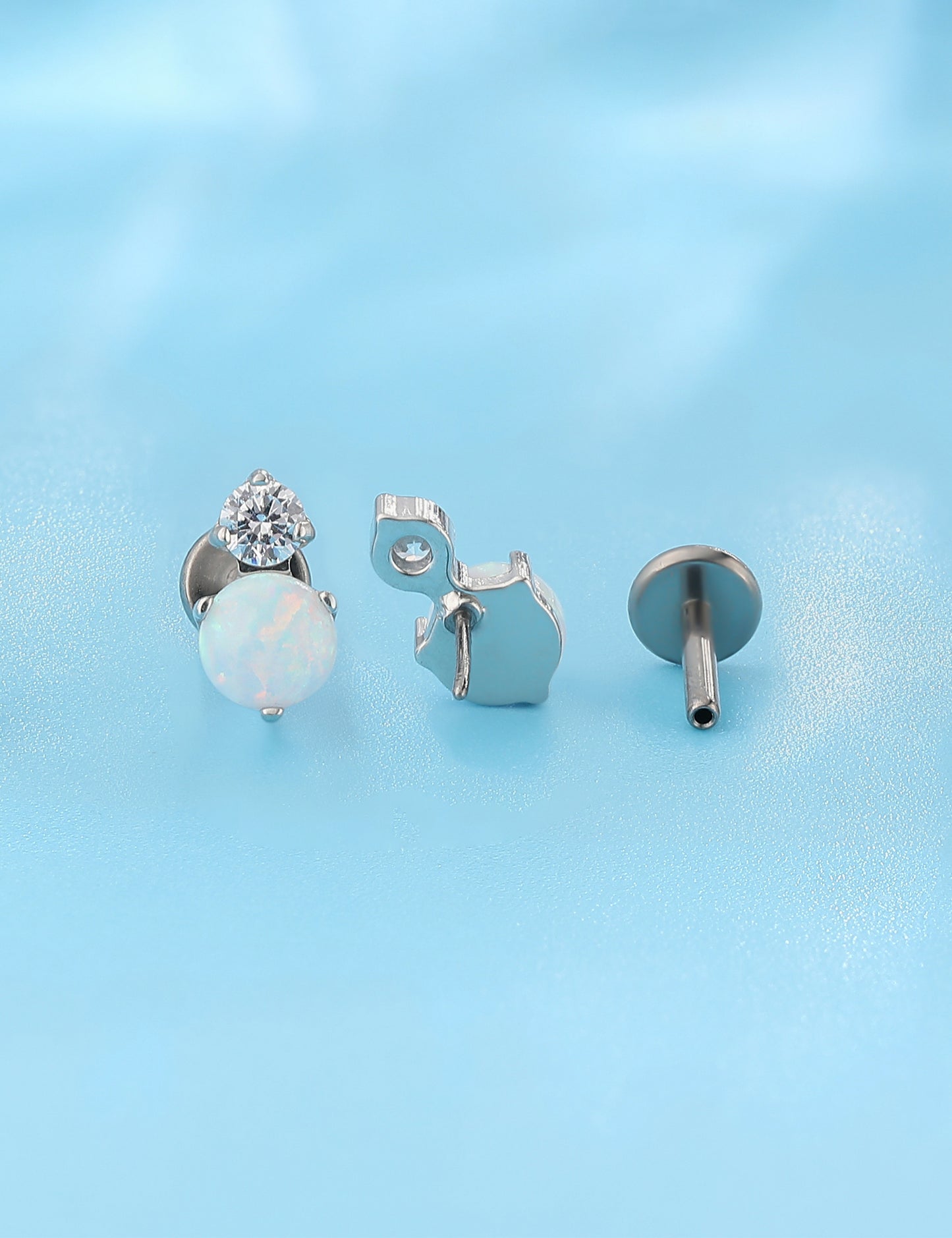 Limerencia G23 Hypoallergenic 18g Flat Back Stud Earrings | F136 Implant Grade Titanium Press Fit Threadless Push Pop in Cartilage Helix Labret Lip Monroe Tragus Piercing Studs- CZ + White Opal