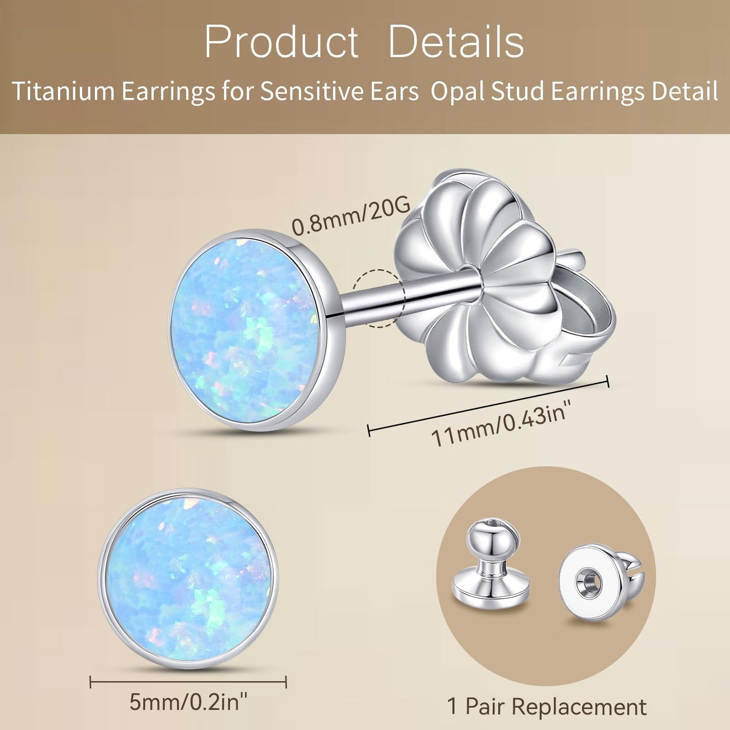 Limerencia Titanium Hypoallergenic Earrings, Opal Stud Earrings for Sensitive Ears Delicate Jewelry,Light Blue Opal 5mm