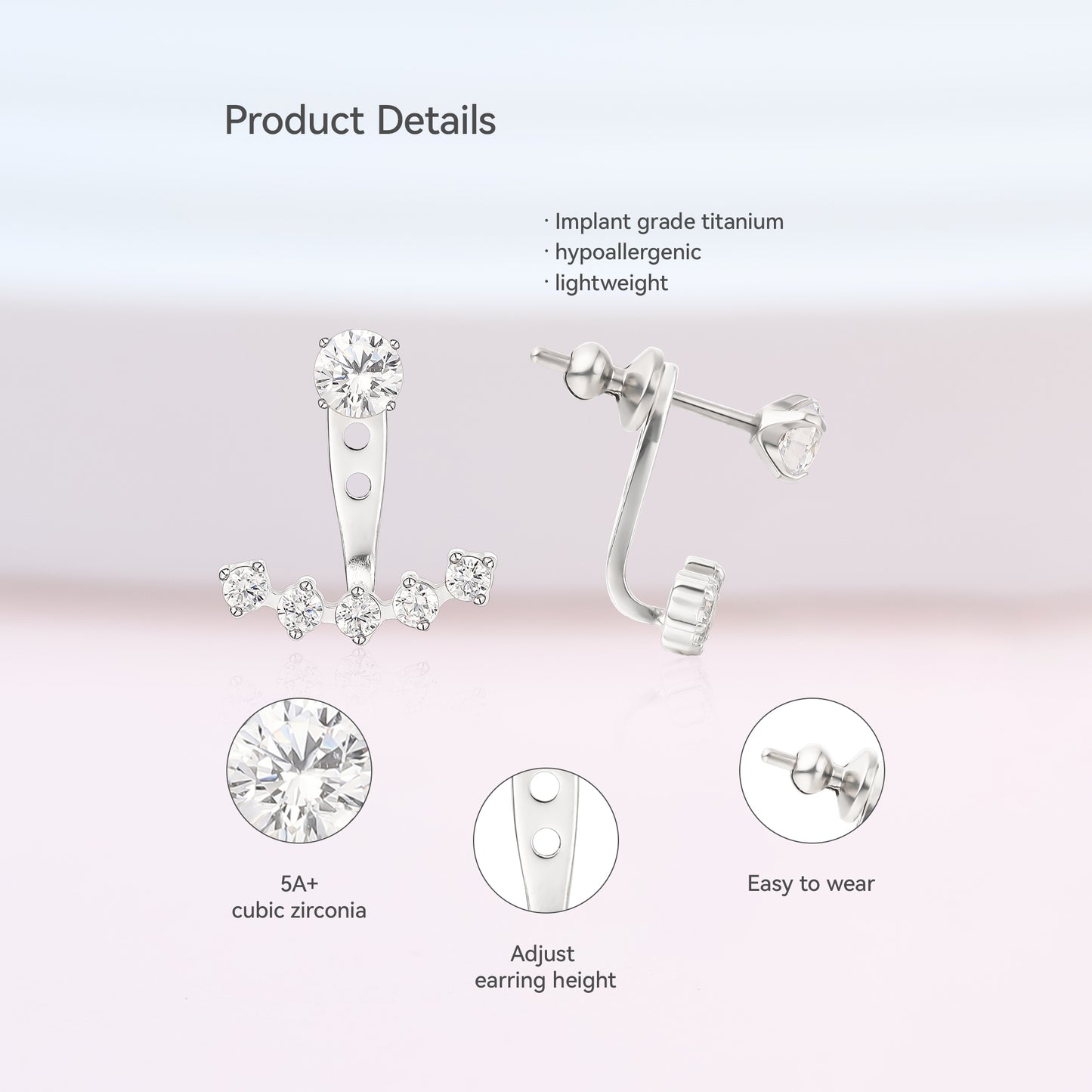 Limerencia Hypoallergenic G23 Implant Grade Titanium Dangle Stud Earrings 5A+Cubic Zirconia Piercing Jacket Earrings for Women Girls Sensitive Ears