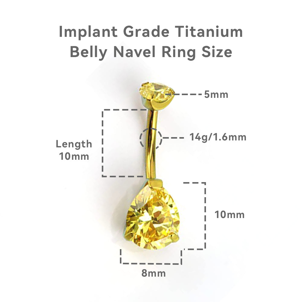 limerencia G23 Titanium Belly Button Rings hypoallergenic medical implant grade 14G Teardrop CZ Belly Navel Rings Piercing Belly Bars(Water drop belly button ring) (Gold + Yellow)