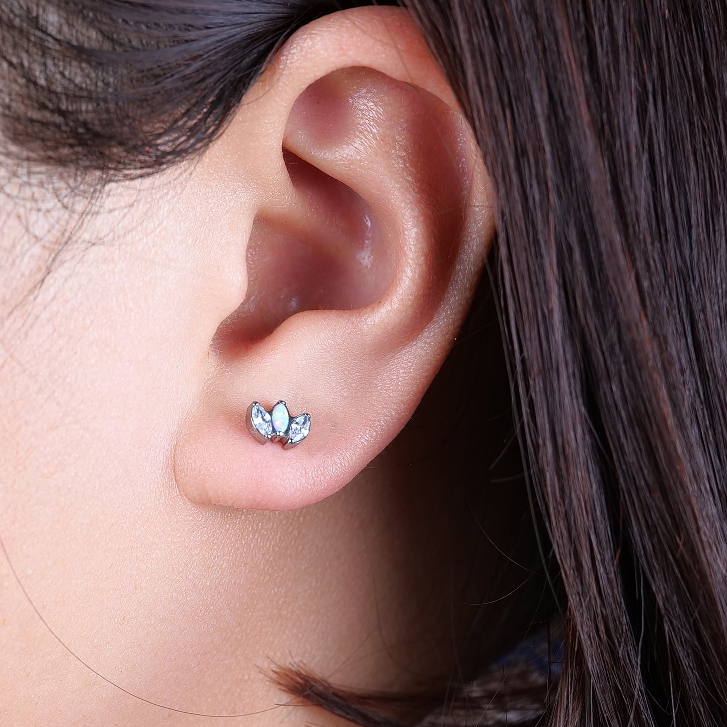 Limerencia Pure Titanium Hypoallergenic Earrings | White Opal + White CZ Crown | Implant Grade Piercing jewelry| Suitable for Sensitive Ears Delicate Jewelry