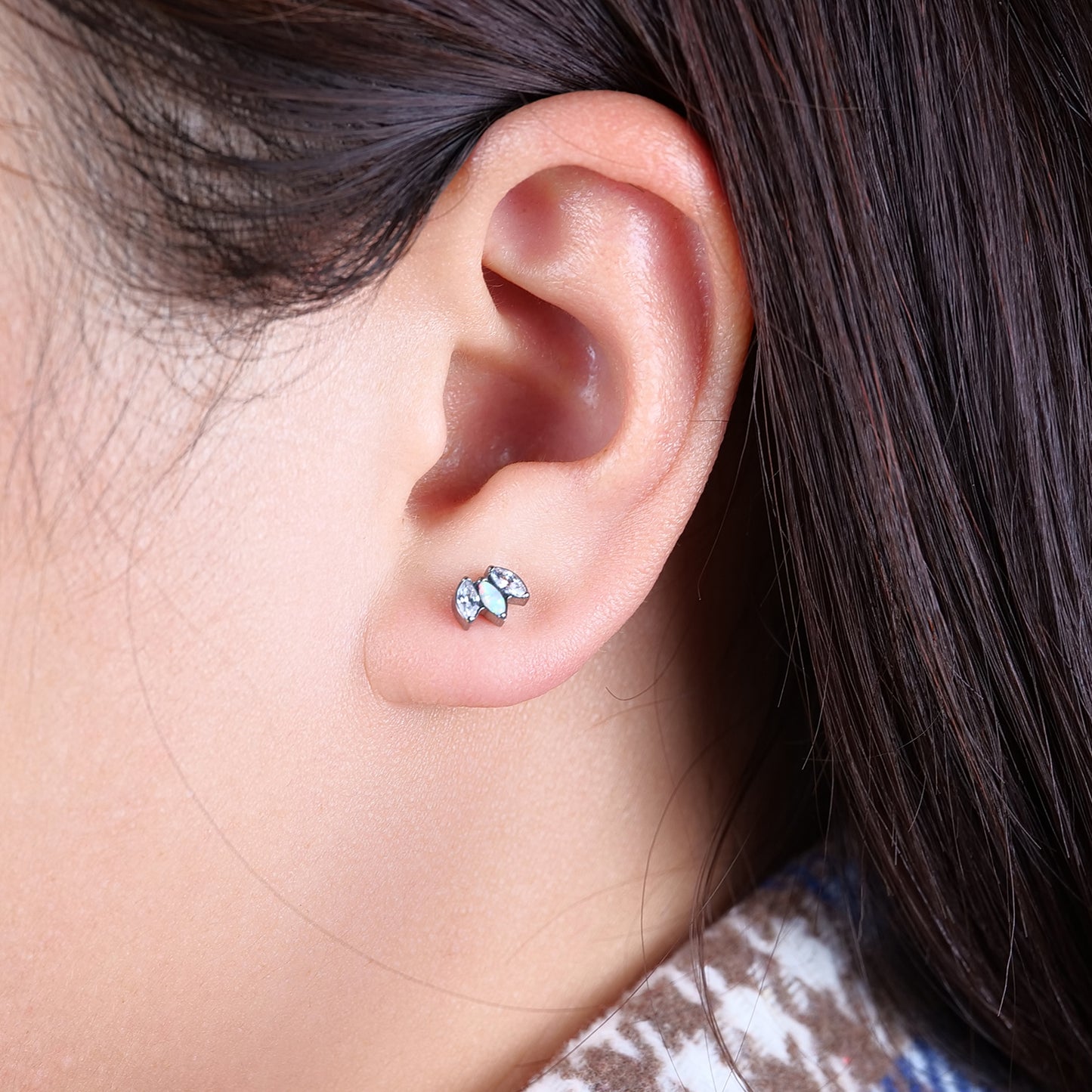 Limerencia Pure Titanium Hypoallergenic Earrings | White Opal + White CZ Crown | Implant Grade Piercing jewelry| Suitable for Sensitive Ears Delicate Jewelry