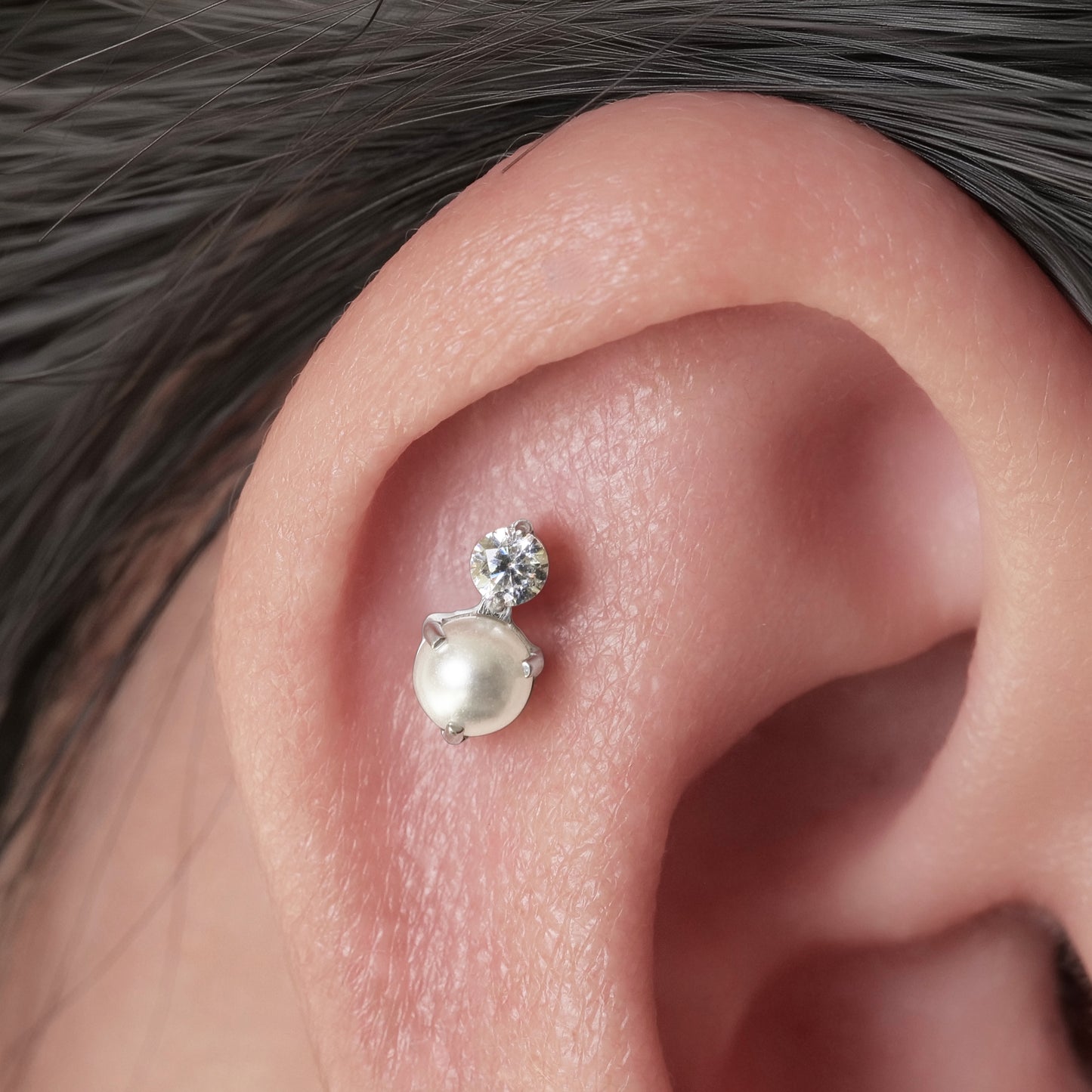 Limerencia G23 Hypoallergenic 18g Flat Back Stud Earrings | F136 Implant Grade Titanium Press Fit Threadless Push Pop in Cartilage Helix Labret Lip Monroe Tragus Piercing Studs- CZ + Pearl