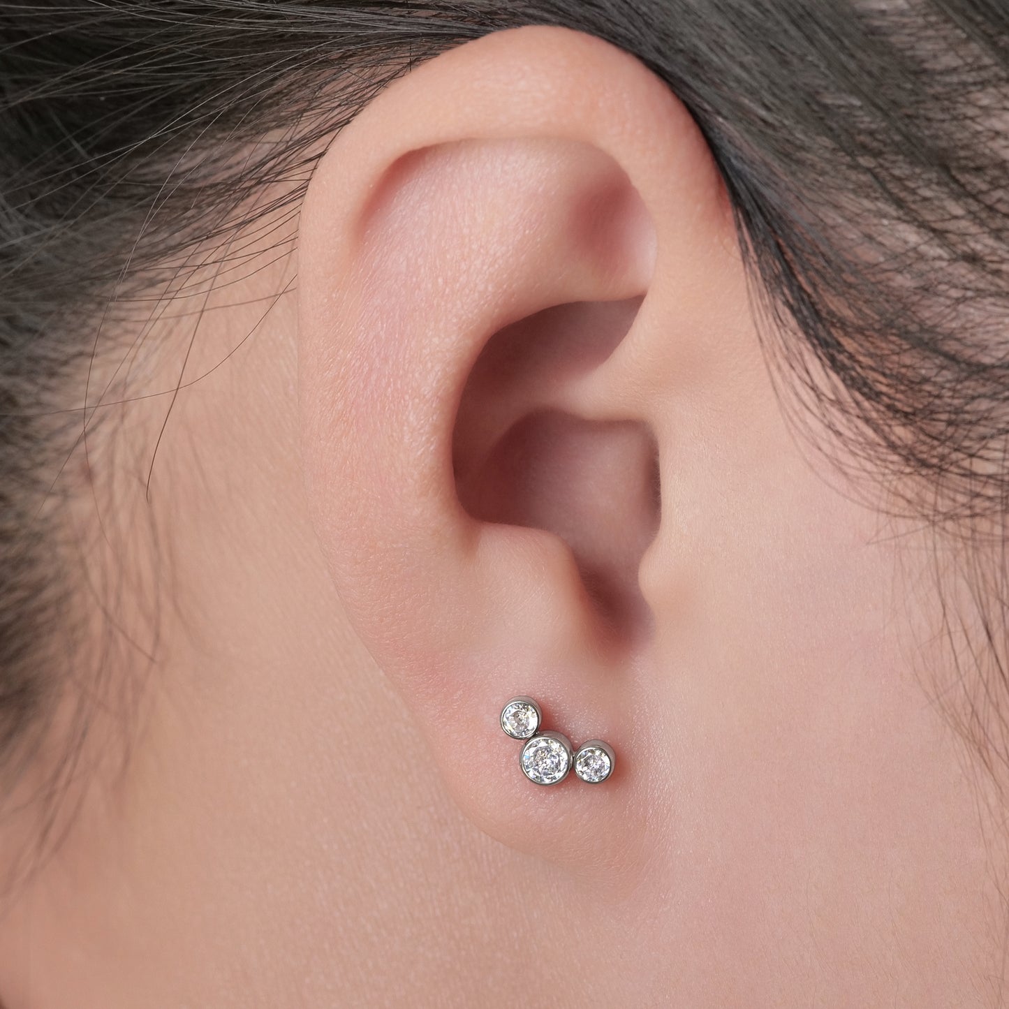Limerencia G23 Hypoallergenic 18g Flat Back Stud Earrings | F136 Implant Grade Titanium Press Fit Threadless Push Pop in Cartilage Helix Labret Lip Monroe Tragus Piercing Studs- Three Crystal Cluster