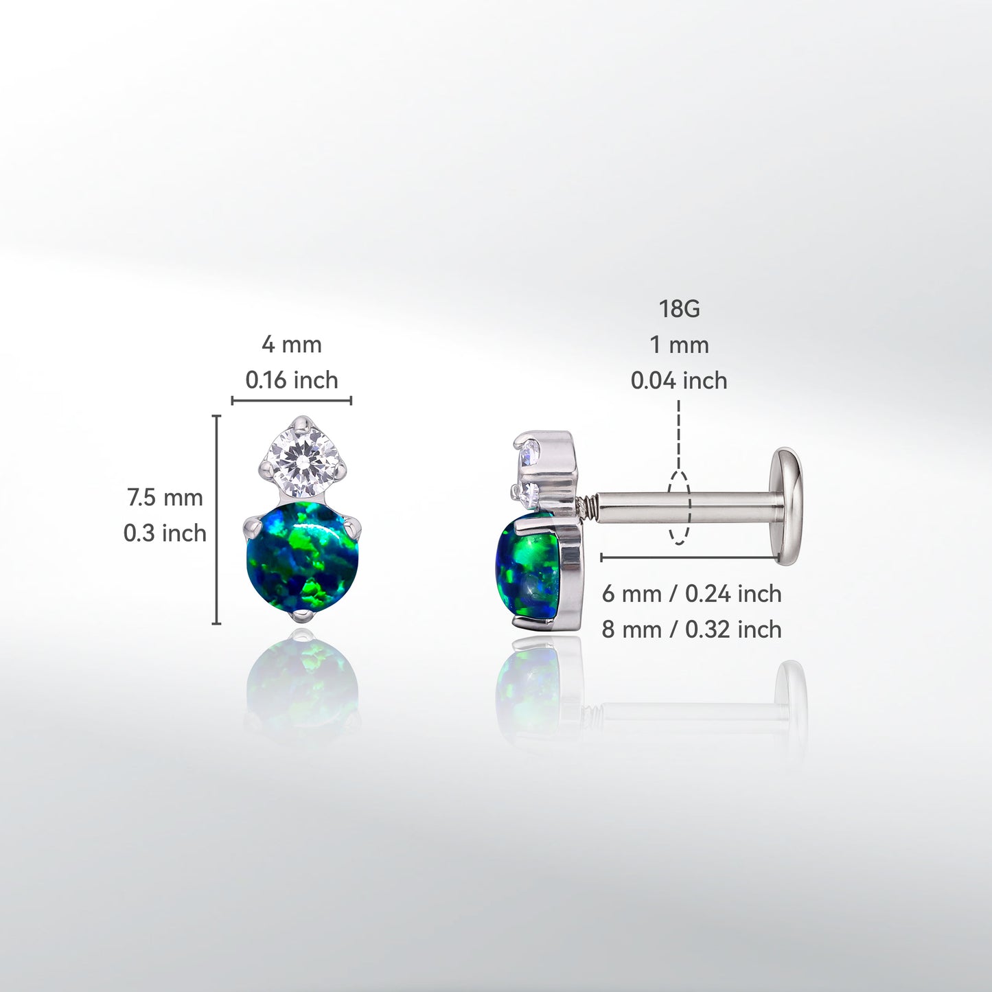 limerencia 18g Titanium Internally Threaded Tragus Piercing Jewelry CZ Top Flat Back Piercing Nose Studs Earring, Helix, Cartilage, Labret, Monroe for Women or Men- CZ + Green Opal
