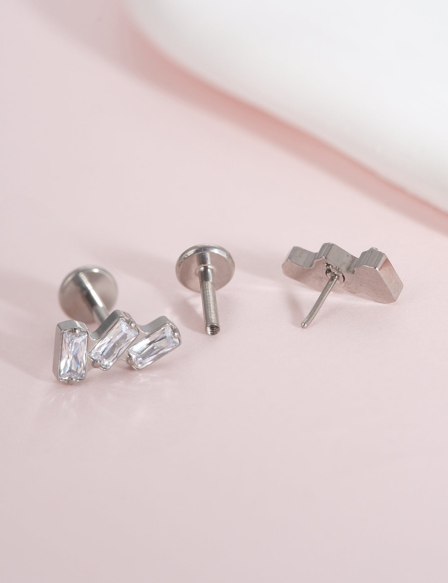 Limerencia G23 Hypoallergenic 18g Flat Back Stud Earrings | F136 Implant Grade Titanium Press Fit Threadless Push Pop in Cartilage Helix Labret Lip Monroe Tragus Piercing Studs- Triple Baguette Gem