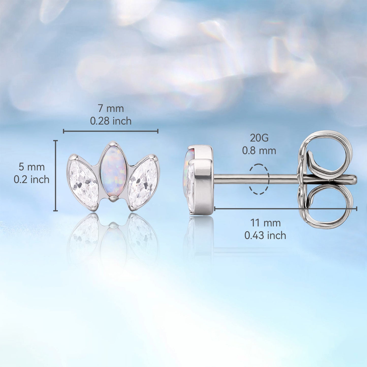 Limerencia Pure Titanium Hypoallergenic Earrings | White Opal + White CZ Crown | Implant Grade Piercing jewelry| Suitable for Sensitive Ears Delicate Jewelry