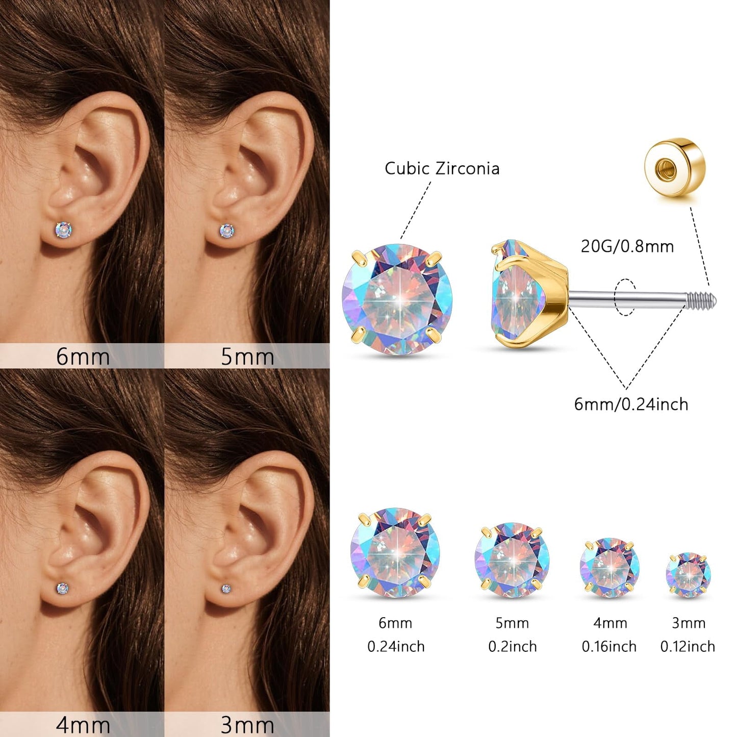 Limerencia 4 Pairs F136 Hypoallergenic Flat Back Titanium Earrings Set for Women Men, Cubic Zirconia Earrings Studs Set , CZ Stud Earrings for Sensitive Ears, Trendy Cartilage Stud Earrings 3-6mm