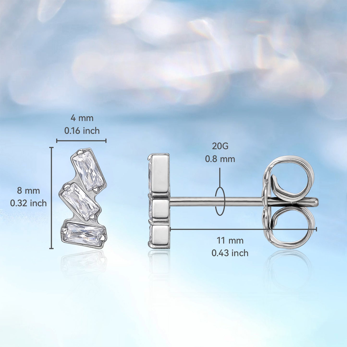 Limerencia G23 Pure Titanium Hypoallergenic Earrings | Triple Baguette Gem F136 Implant Grade Titanium Jewelry for Sensitive Ears