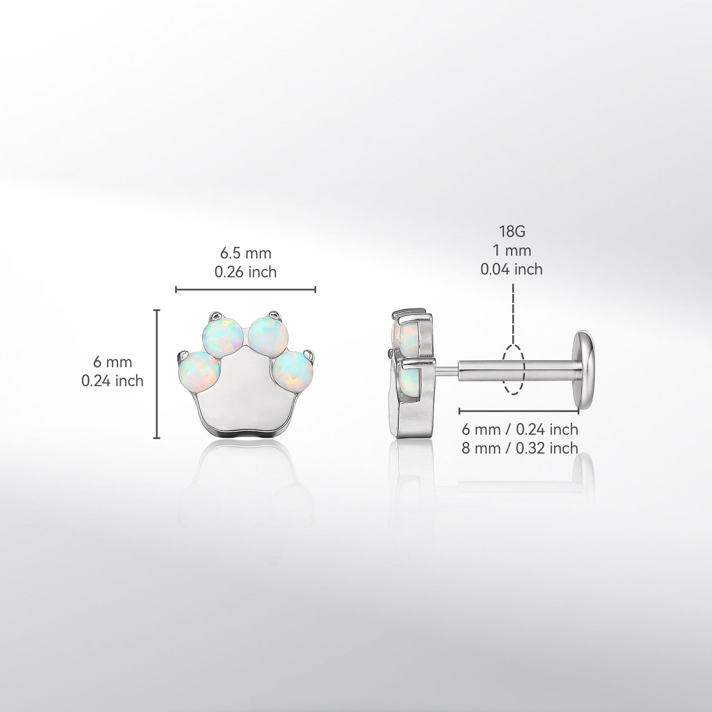 limerencia G23 Hypoallergenic 18g Flat Back Stud Earrings | F136 Implant Grade Titanium Press Fit Threadless Push Pop in Cartilage Helix Labret Lip Monroe Tragus Piercing Studs- Cat Paws Opal