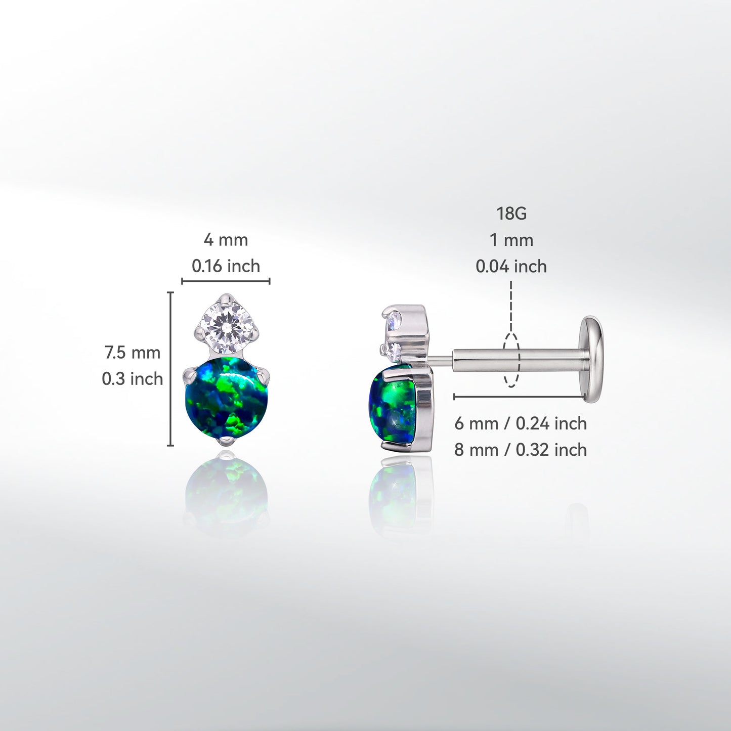 Limerencia G23 Hypoallergenic 18g Flat Back Stud Earrings | F136 Implant Grade Titanium Press Fit Threadless Push Pop in Cartilage Helix Labret Lip Monroe Tragus Piercing Studs- CZ + Green Opal