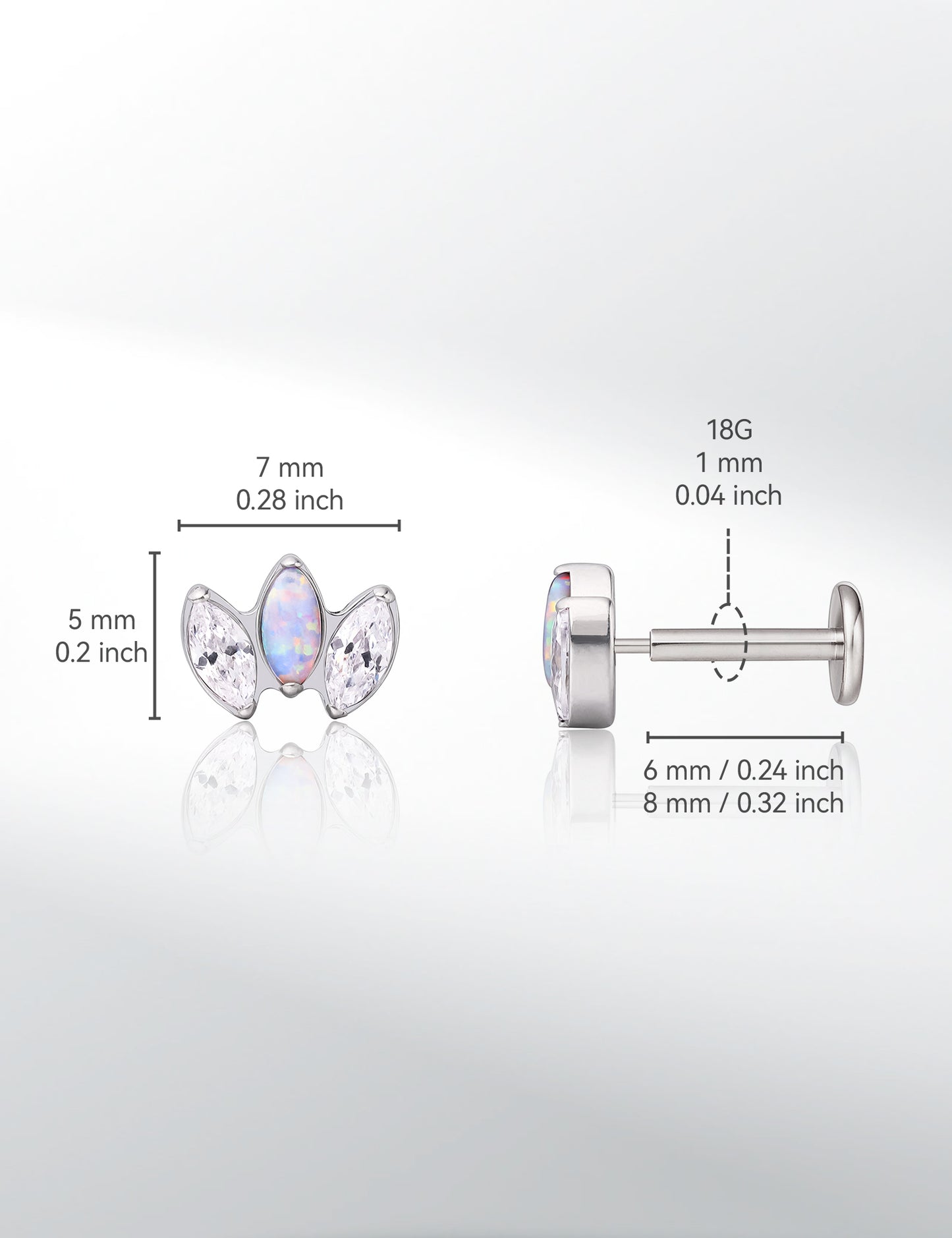 limerencia G23 Hypoallergenic 18g Flat Back Stud Earrings | F136 Implant Grade Titanium Press Fit Threadless Push Pop in Cartilage Helix Labret Lip Monroe Tragus Piercing Studs- CZ + Opal Crown