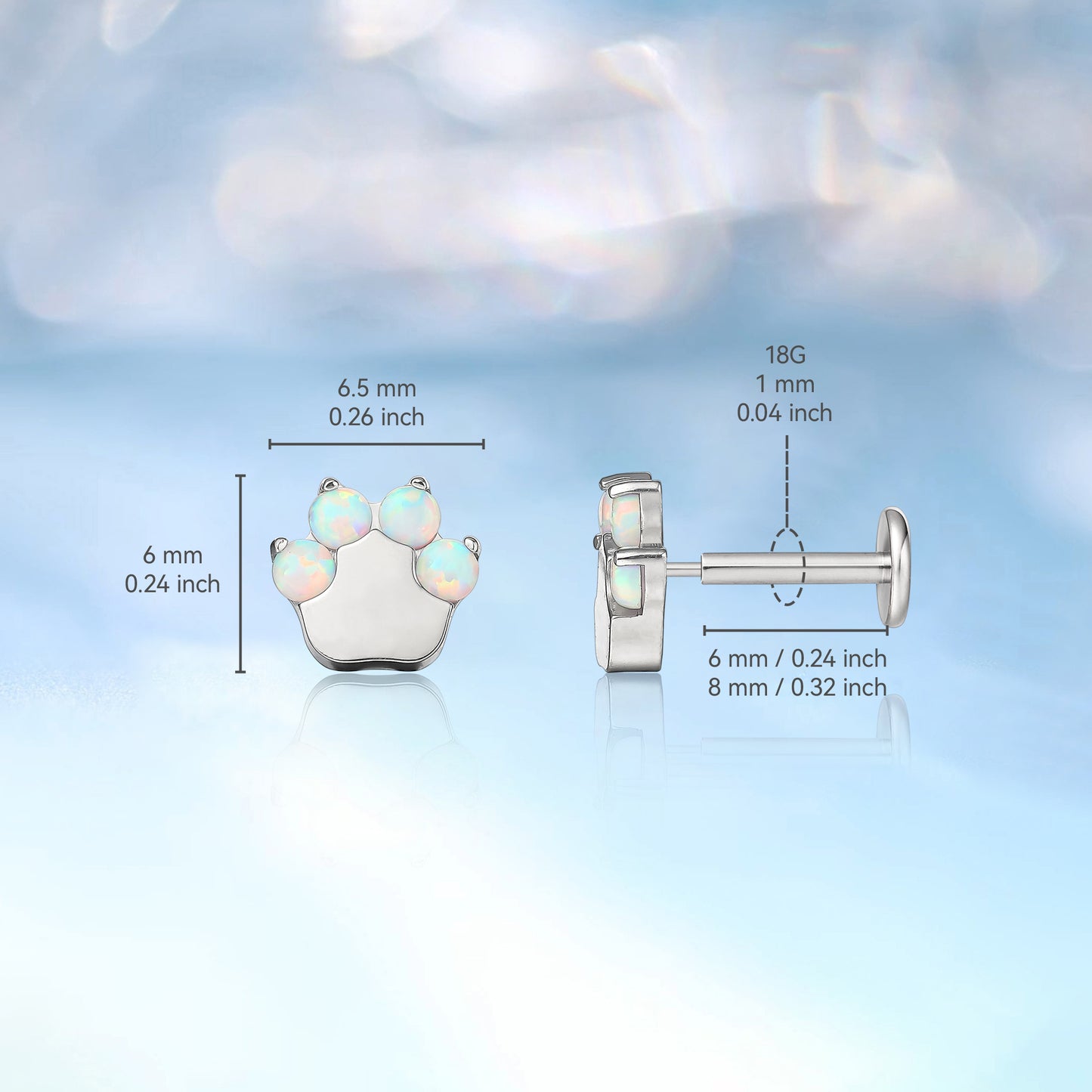 limerencia G23 Hypoallergenic 18g Flat Back Stud Earrings | F136 Implant Grade Titanium Press Fit Threadless Push Pop in Cartilage Helix Labret Lip Monroe Tragus Piercing Studs- Cat Paws Opal