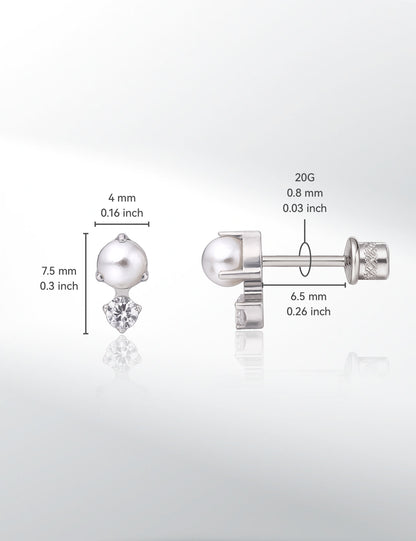 limerencia Hypoallergenic G23 Implant Grade Titanium Screw Back Earrings Tragus 20G Helix F136 Piercing Post for Girls' Sensitive Ears Cartilage- CZ + Pearl