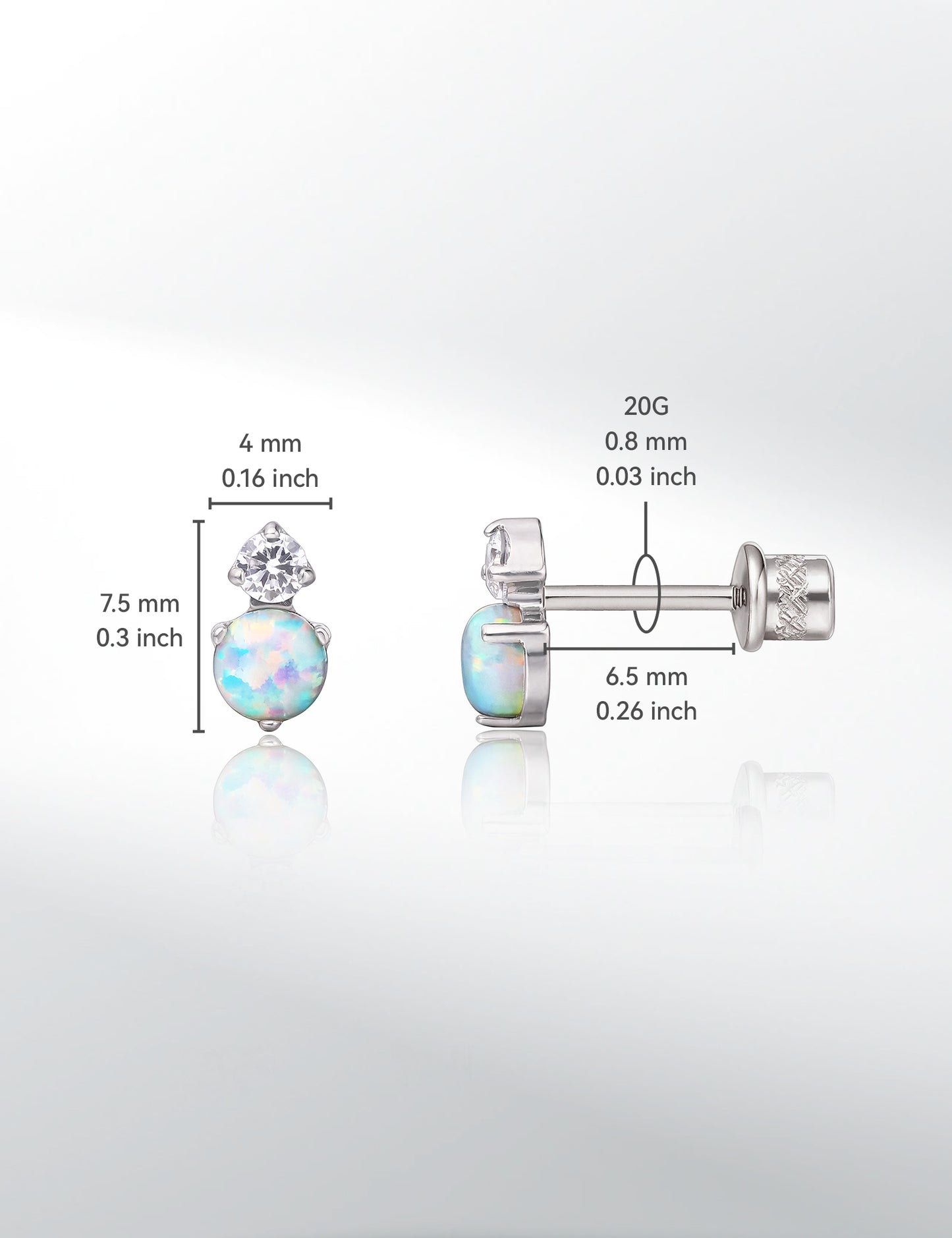 limerencia Hypoallergenic G23 Implant Grade Titanium Screw Back Earrings Tragus 20G Helix F136 Piercing Post for Girls' Sensitive Ears Cartilage- CZ + White Opal