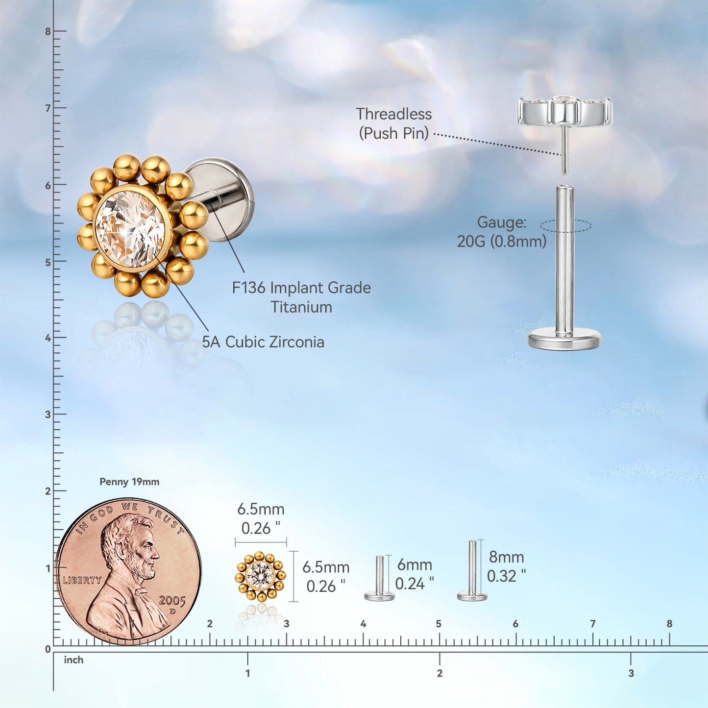 limerencia F136 Hypoallergenic Titanium 20g 6mm 8mm Flat Back Stud | G23 Implant Grade Press Fit Threadless Earrings Push in Tragus Cartilage Helix Conch Nose Medusa Labret Piercing Jewelry (sun 1pc)