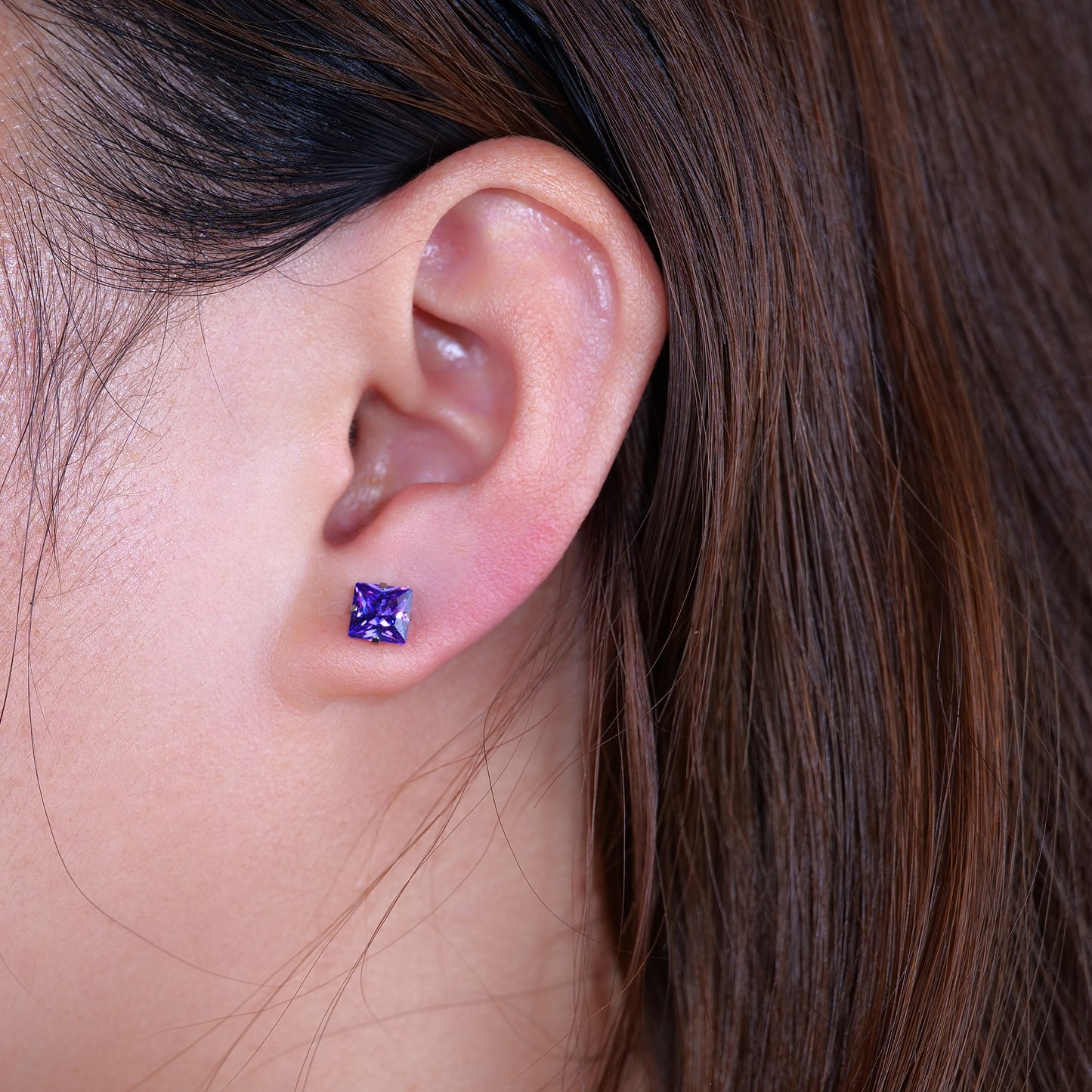 Titanium earrings, hypoallergenic earrings, pure titanium medical implant grade, suitable for sensitive ears with birthstone crystals CZ simulated diamonds (Purple)