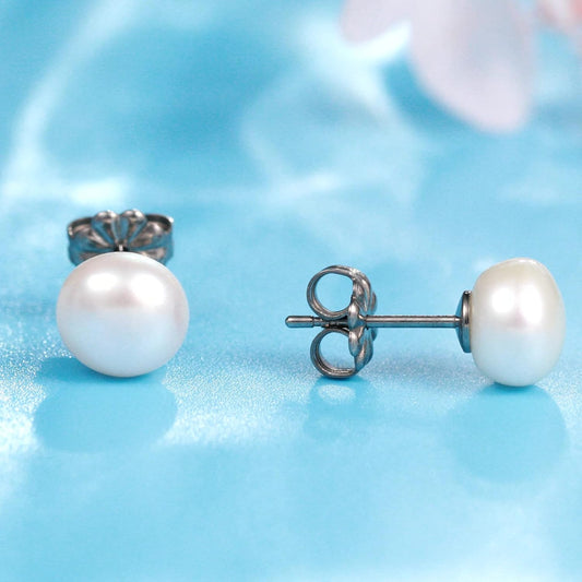 Limerencia Hypoallergenic Pure Ttitanium Handpicked White Freshwater Cultured Pearl Earrings Studs G23 Implant Grade Piercing