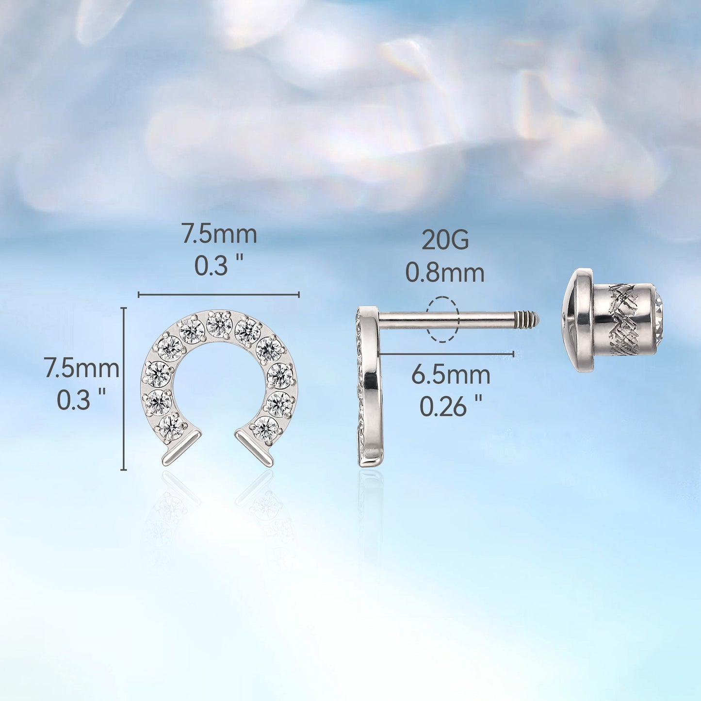 Limerencia Hypoallergenic G23 Implant Grade Titanium Screw Back Earrings Tragus 20G Helix F136 Piercing Post for Sensitive Ears Cartilage(horseshoe)