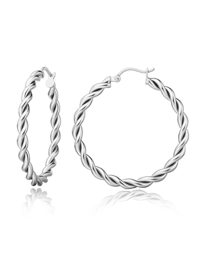 Pendientes de aro redondos de Limerencia, hipoalergénicos, de titanio puro, con cuerda retorcida, para mujer (aro de cuerda retorcida de 35 mm, plata)