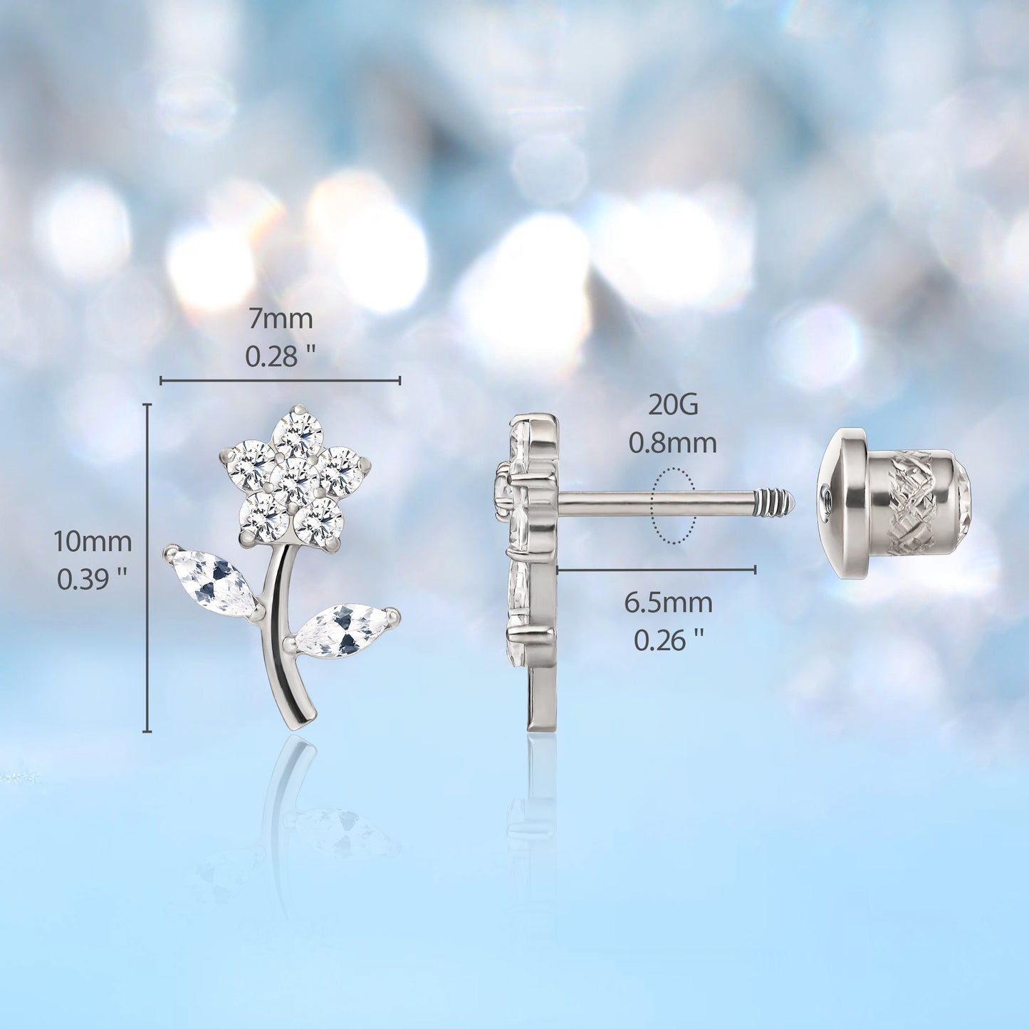 Limerencia Hypoallergenic G23 Implant Grade Titanium Screw Back Earrings Tragus 20G Helix F136 Piercing Post for Sensitive Ears Cartilage(flower)