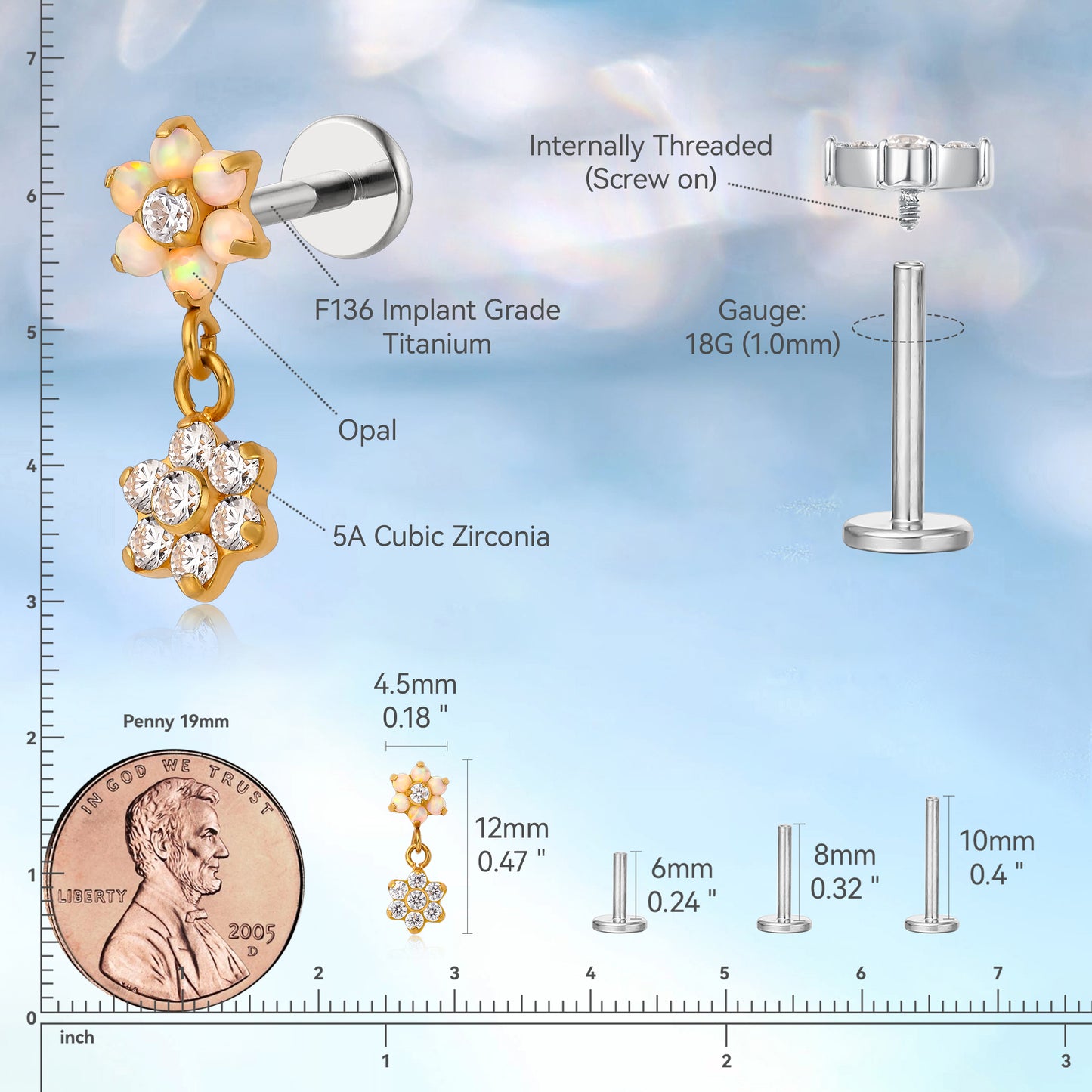 limerencia F136 Titanium Hypoallergenic Piercing Jewelry 18G 6mm 8mm 10mm Flat Back Internally Threaded Implant Grade Climber Stud Crawler Earrings For Cartilage,Tragus,Helix,Conch (flower 1pc)