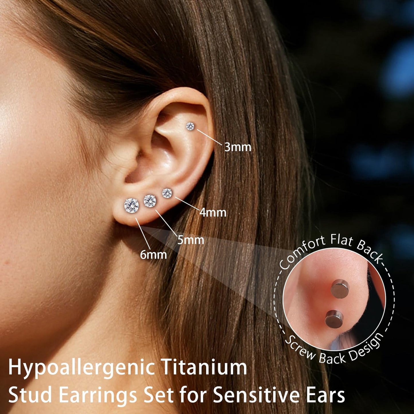 Limerencia Titanium Jewelry Flat Back Cartilage Earrings, Hypoallergenic Cubic Zirconia Studs, Pack of 4 Pairs, 3-6mm for Women and Men