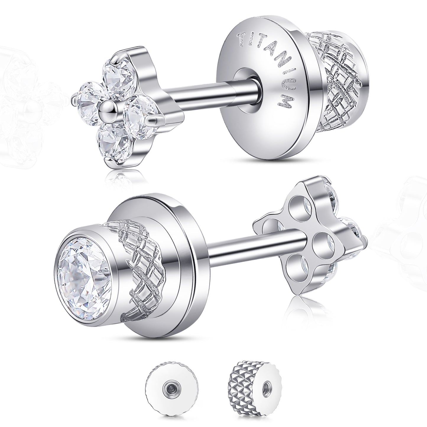 Limerencia Titanium Screw Back Earrings, Hypoallergenic F136 Implant Grade Flat Back Earrings for Women Men, Double Side Cubic Zirconia Sleeper Studs Jewelry/ Plum Blossom 3mm
