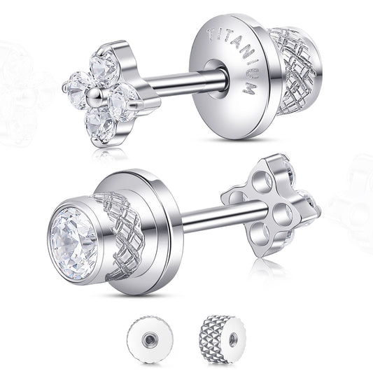 Limerencia Titanium Screw Back Earrings, Hypoallergenic F136 Implant Grade Flat Back Earrings for Women Men, Double Side Cubic Zirconia Sleeper Studs Jewelry/ Plum Blossom 3mm