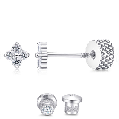 Limerencia Titanium Screw Back Earrings, Hypoallergenic F136 Implant Grade Flat Back Earrings for Women Men, Double Side Cubic Zirconia Sleeper Studs Jewelry/ Plum Blossom 3mm