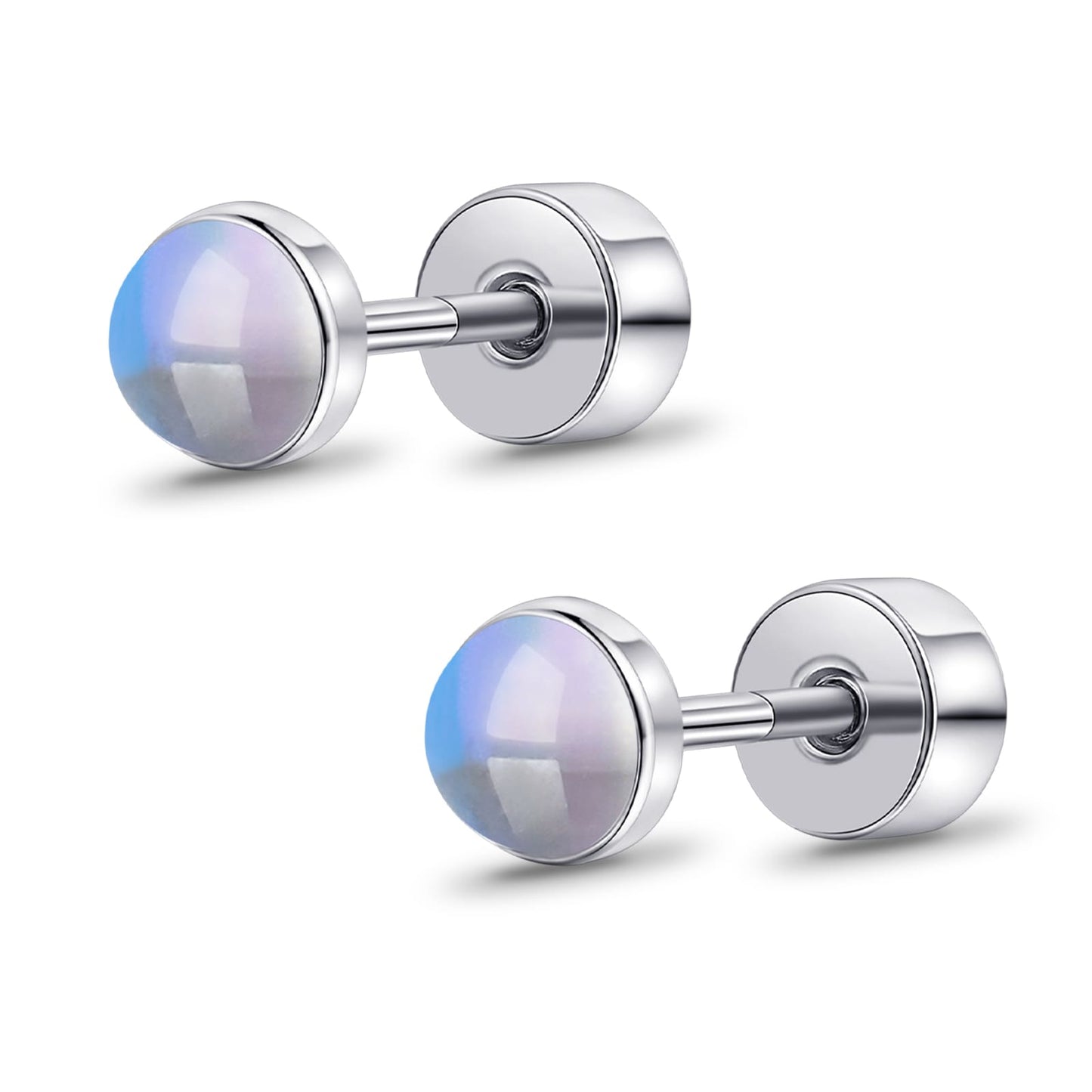 Limerencia flache Ohrstecker für Damen, hypoallergene Ohrstecker mit Schraubverschluss aus G23-Implantat-Titan, 20G Ohrstecker mit Onyx/Mondstein/blauem Türkis, flache Knorpelohrstecker in 4 mm/5 mm