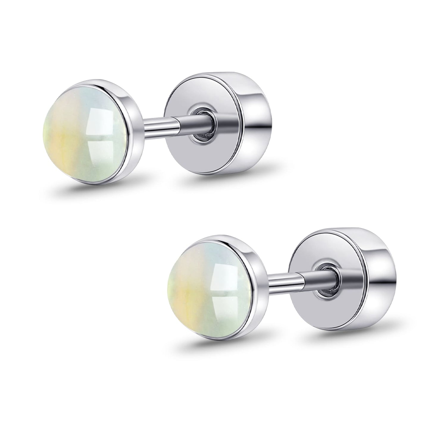 Limerencia flache Ohrstecker für Damen, hypoallergene Ohrstecker mit Schraubverschluss aus G23-Implantat-Titan, 20G Ohrstecker mit Onyx/Mondstein/blauem Türkis, flache Knorpelohrstecker in 4 mm/5 mm