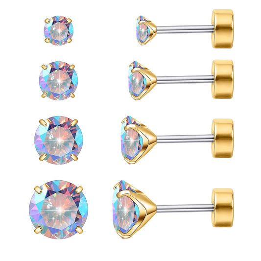 Limerencia F136 Titanium Hypoallergenic Cubic Zirconia Studs Set,CZ | Pearl | Opal Flat Back Cartilage Earrings Helix Piercing Jewelry Pack of 4 Pairs 3-6mm for Women (White CZ)