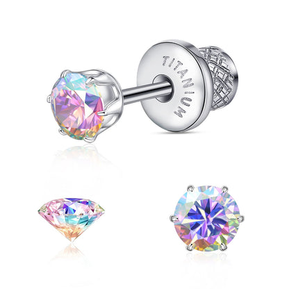 Limerencia Orecchini borchia titanio G23 CZ retro piatto ipoallergenici donna | Titanio F136 grado impianto 20G, chiusura vite piatta 6 griffe senza nichel, piercing cartilagine/trago, comfort 24h per orecchie sensibili