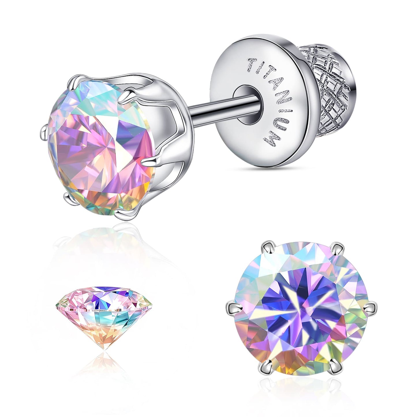 Limerencia Orecchini borchia titanio G23 CZ retro piatto ipoallergenici donna | Titanio F136 grado impianto 20G, chiusura vite piatta 6 griffe senza nichel, piercing cartilagine/trago, comfort 24h per orecchie sensibili