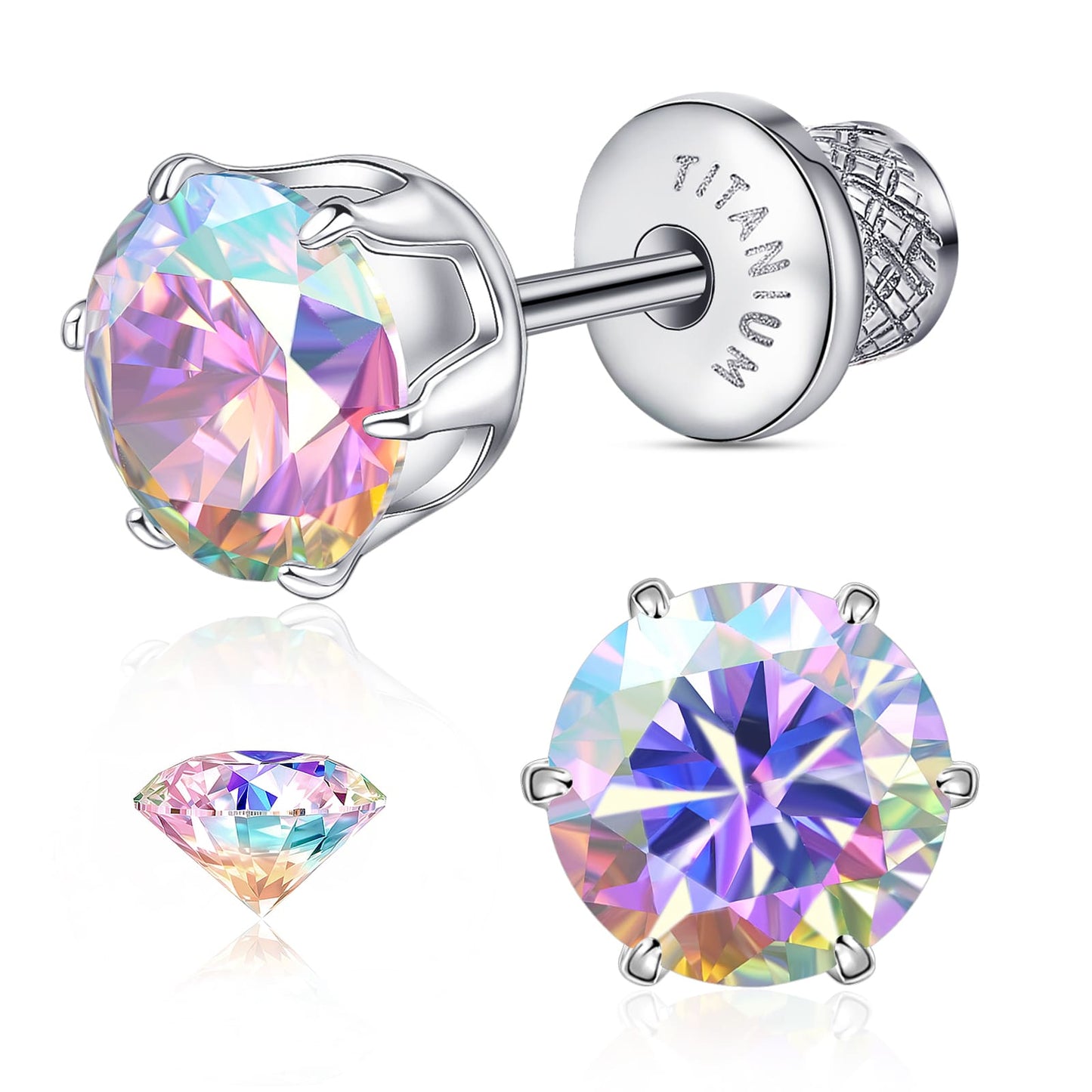 Limerencia Orecchini borchia titanio G23 CZ retro piatto ipoallergenici donna | Titanio F136 grado impianto 20G, chiusura vite piatta 6 griffe senza nichel, piercing cartilagine/trago, comfort 24h per orecchie sensibili