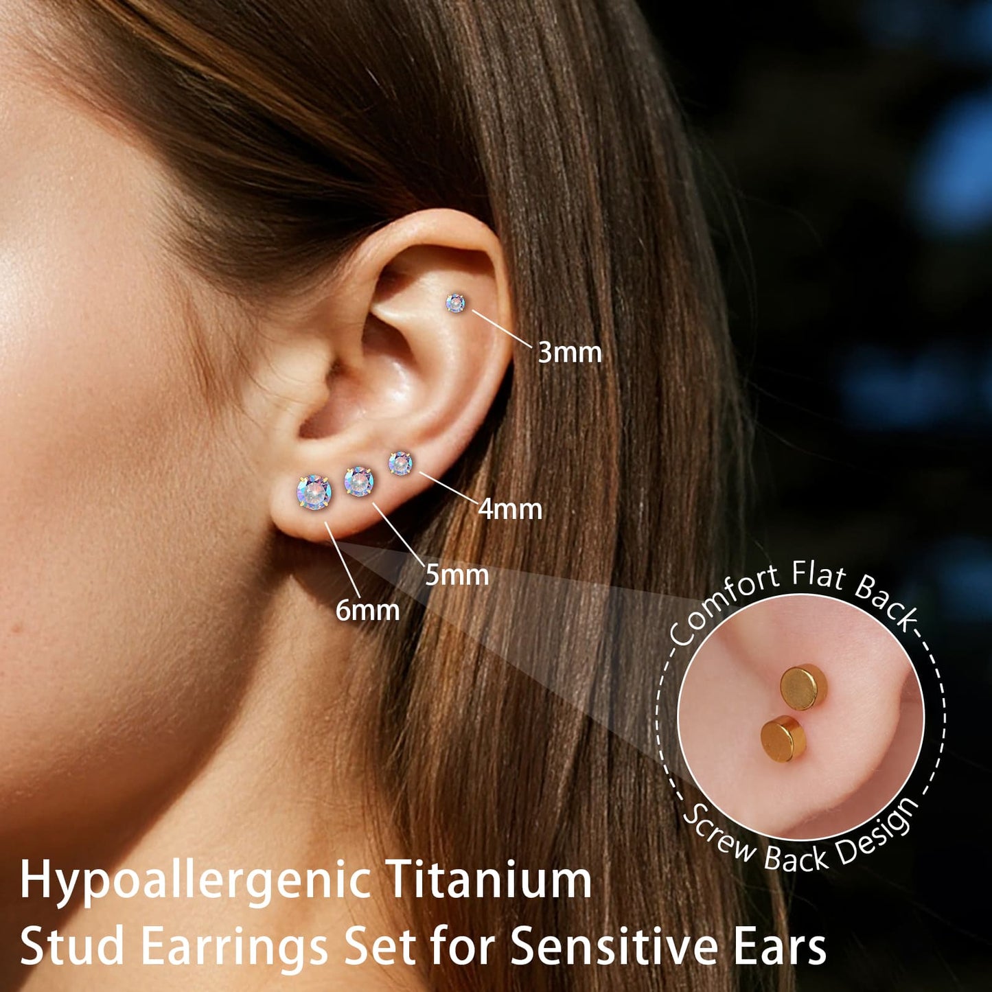 Orecchini piatti cartilagine titanio F136 Limerencia ipoallergenici con zircone perla opale, gioielli piercing elica confezione 4 paia 3-6mm da donna