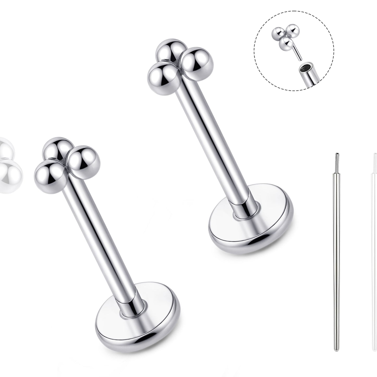 Orecchino titanio base piatta senza filetto Limerencia calibro 20G, piercing a pressione per cartilagine, trago, labret, labbro, medusa e conca, ipoallergenico unisex / tre sfere