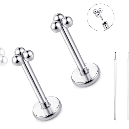Orecchino titanio base piatta senza filetto Limerencia calibro 20G, piercing a pressione per cartilagine, trago, labret, labbro, medusa e conca, ipoallergenico unisex / tre sfere