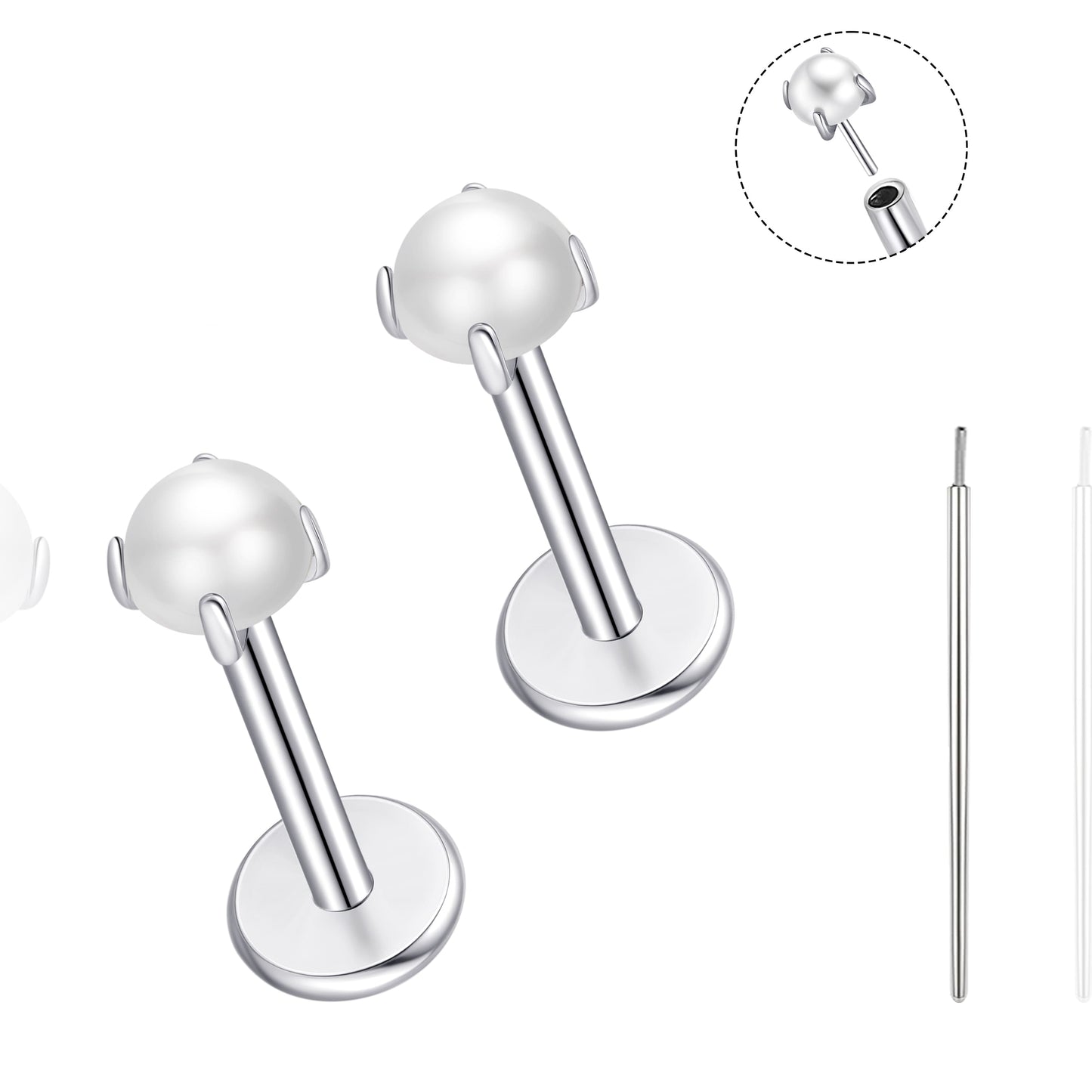 Orecchino titanio base piatta senza filetto Limerencia calibro 20G, piercing a pressione per cartilagine, trago, labret, labbro, medusa e conca, ipoallergenico unisex / tre sfere