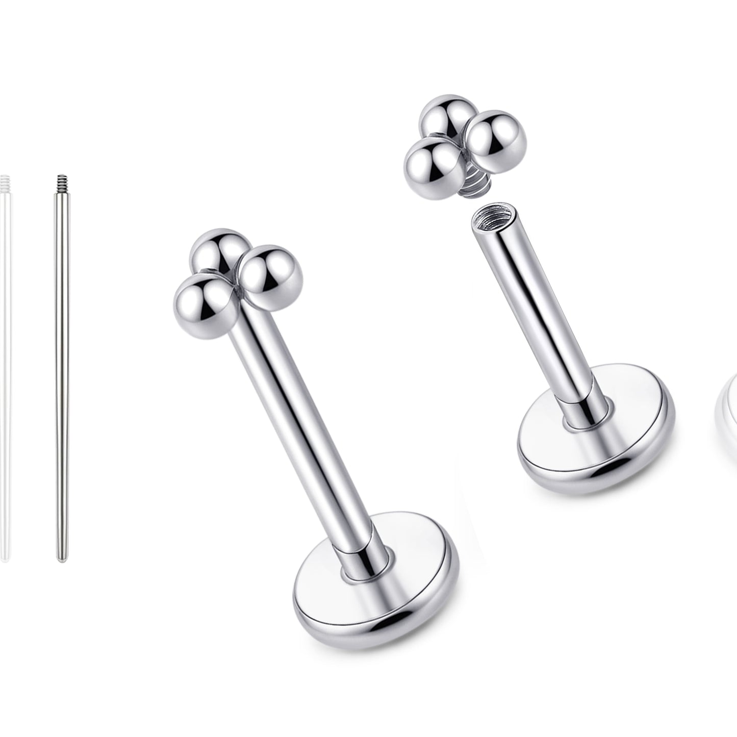 Limerencia 18G Reintitan Piercingschmuck, G23 hypoallergene Flachboden-Stecker mit Innengewinde, geeignet für Tragus, Helix, Knorpel, Conch, Medusa-, Lippen- und Labret-Piercing für Damen und Herren / 3 Kugelaufsätze