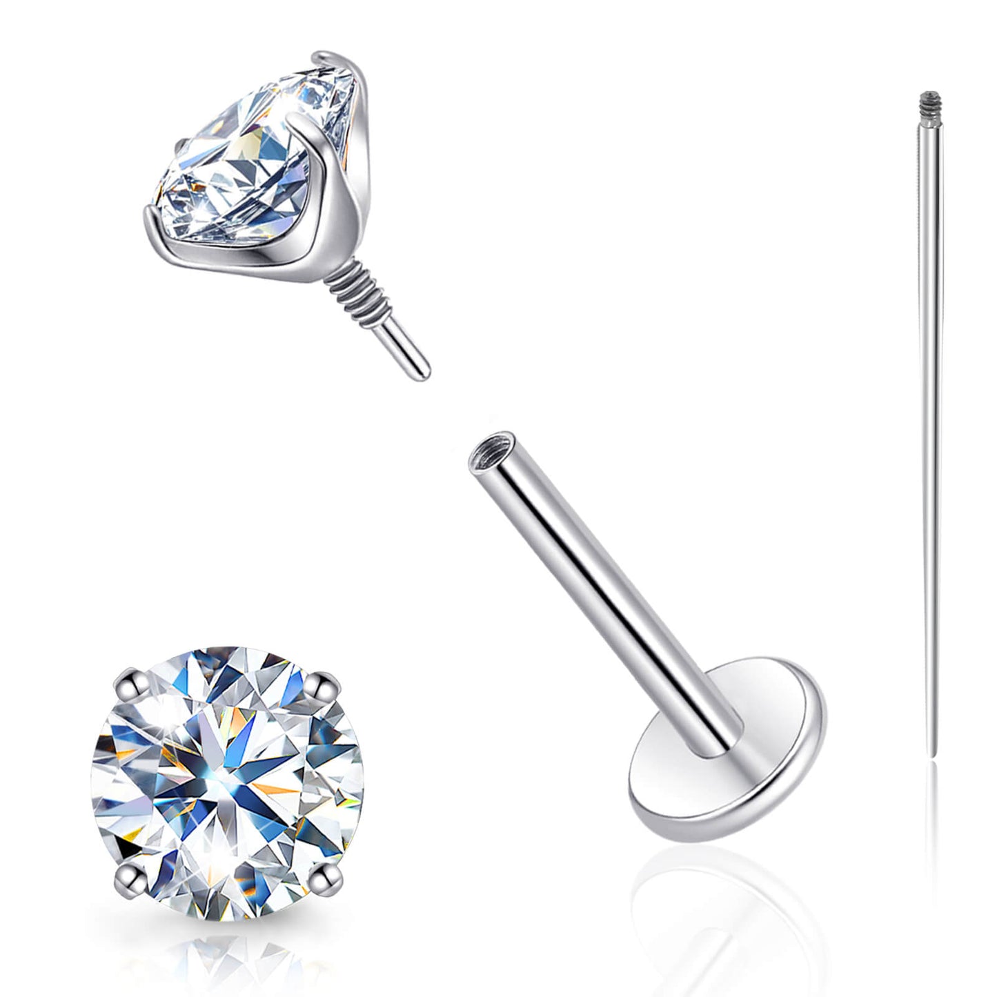 Pendientes de moissanita Limerencia con rosca interna, titanio 18G, tachuelas de piercing de espalda plana de titanio F136 hipoalergénico, tachuelas de moissanita de laboratorio VVS1 para mujer y hombre, aptos para trago, hélix, cartílago, concha y labret