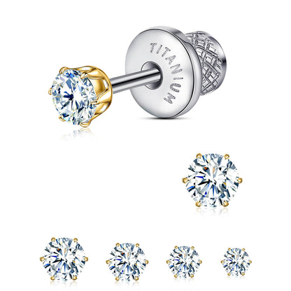 Orecchini piatti in titanio ipoallergenico Limerencia, borchie zircone sei punte con chiusura a vite. Titanio implantare senza nichel, confortevoli per dormire e lavarsi, regalo unisex elegante